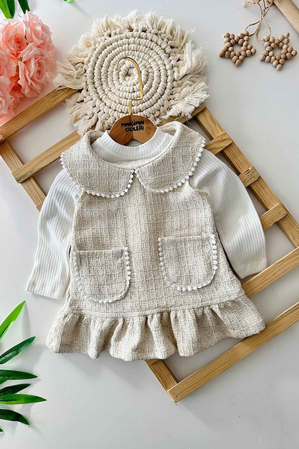 Miniğimin Cicileri Tüvit Bebe Yaka PileLi Kız Çocuk Jile Li 2 Li Takım -Krem