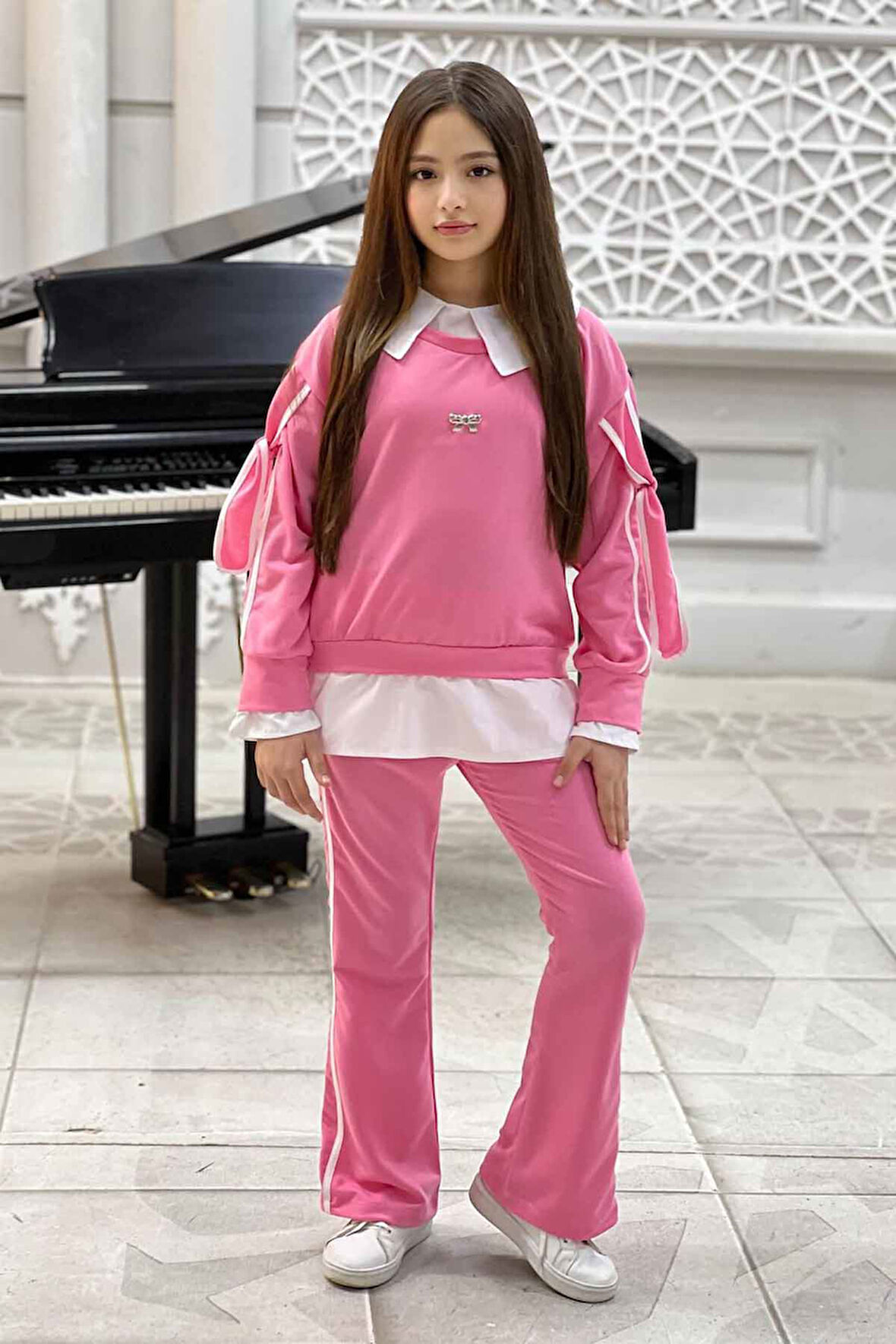 Miniğimin Cicileri Kol Bağcıklı Gömlek Detaylı Kız Çocuk 2 li Takım (Dar Kalıp) - Pembe