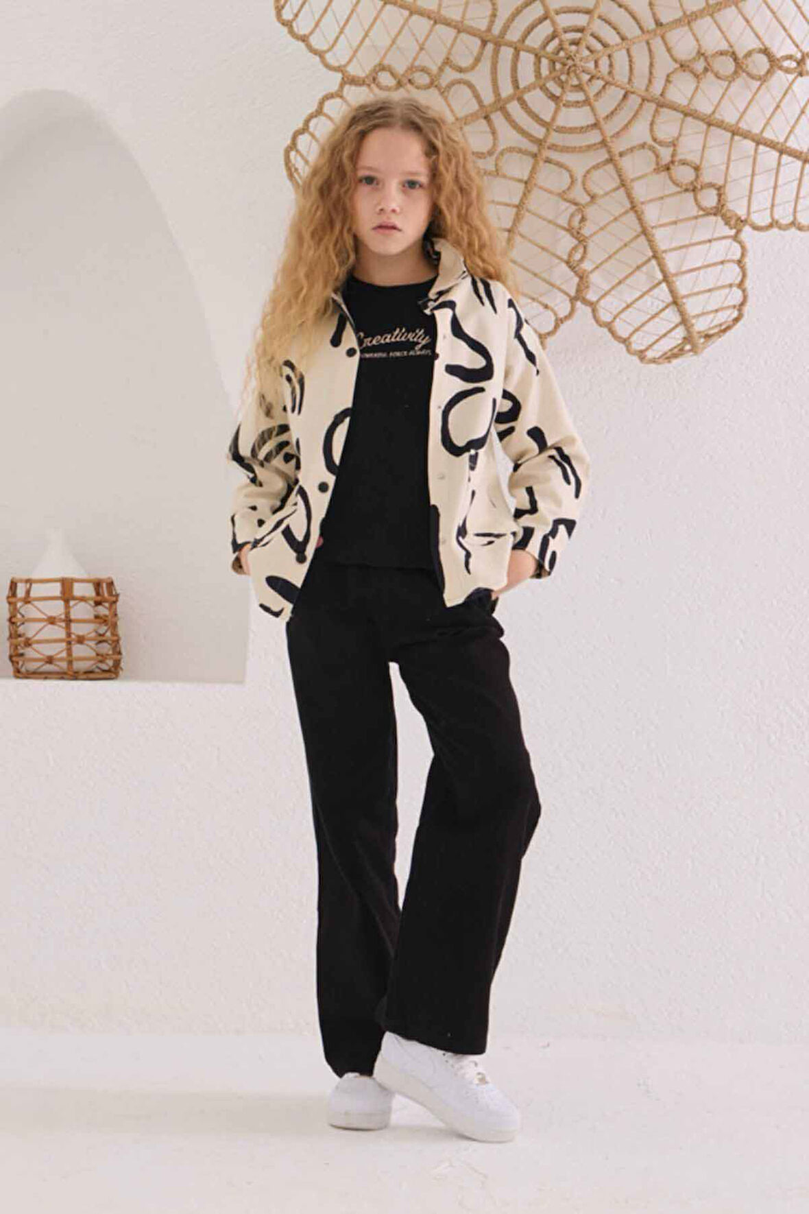 Minigimin Cicileri (4-14 Yaş) Modern Desenli Kız Çocuk 3 lü Keten Takım - Siyah