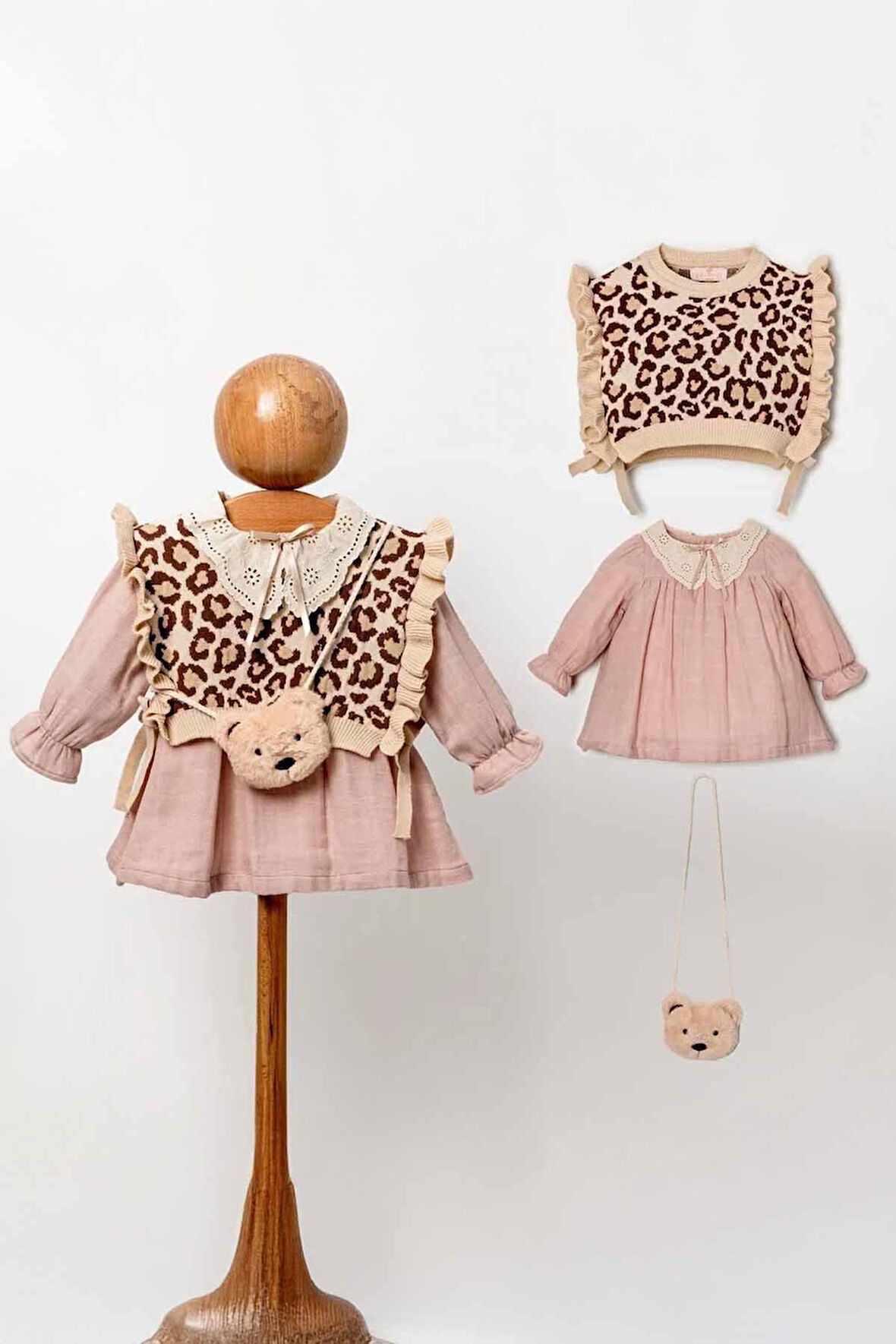 Miniğimin Cicileri Organik Ayıcık Çantalı Triko Hırkalı Müslin Kız Bebe 3 lü Takım - Pembe