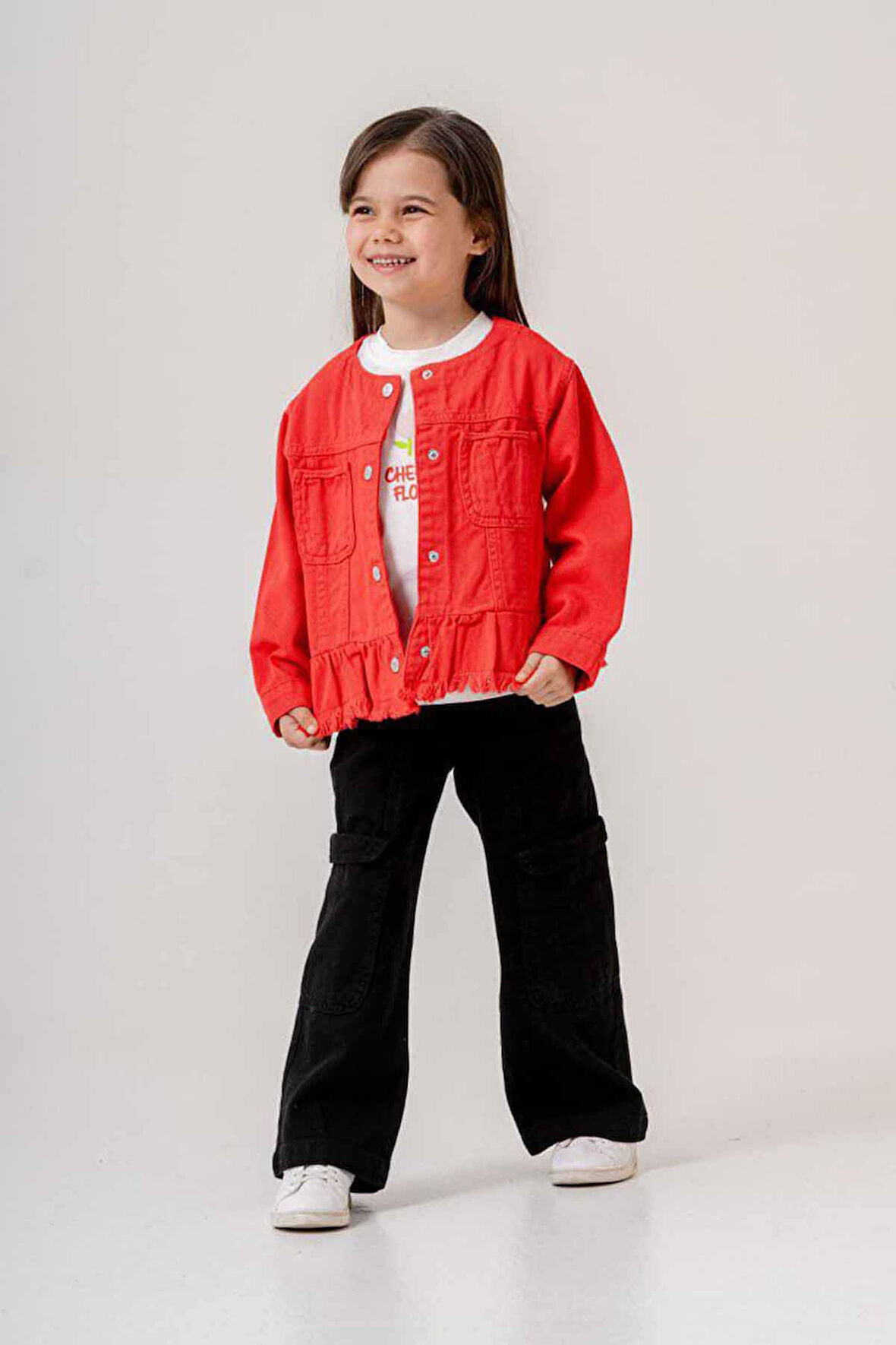 Miniğimin Cicileri Cepli Kırmızı Ceket, Baskılı Tişört ve Bol Paça Pantolon 3'lü Kız Çocuk Takımı -