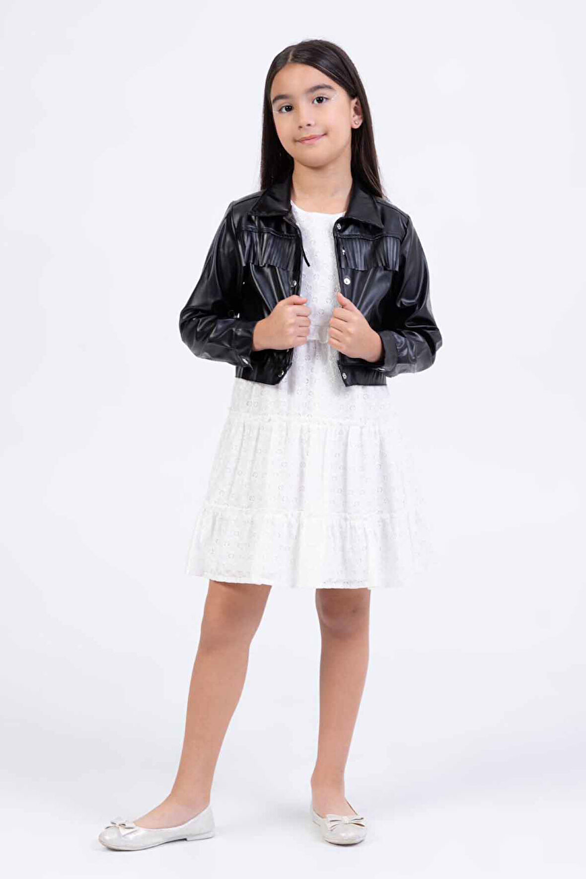 Miniğimin Cicileri Kat Kat Fırfırlı Beyaz Elbise ve Püsküllü Deri Ceket Kız Çocuk Takımı - Siyah