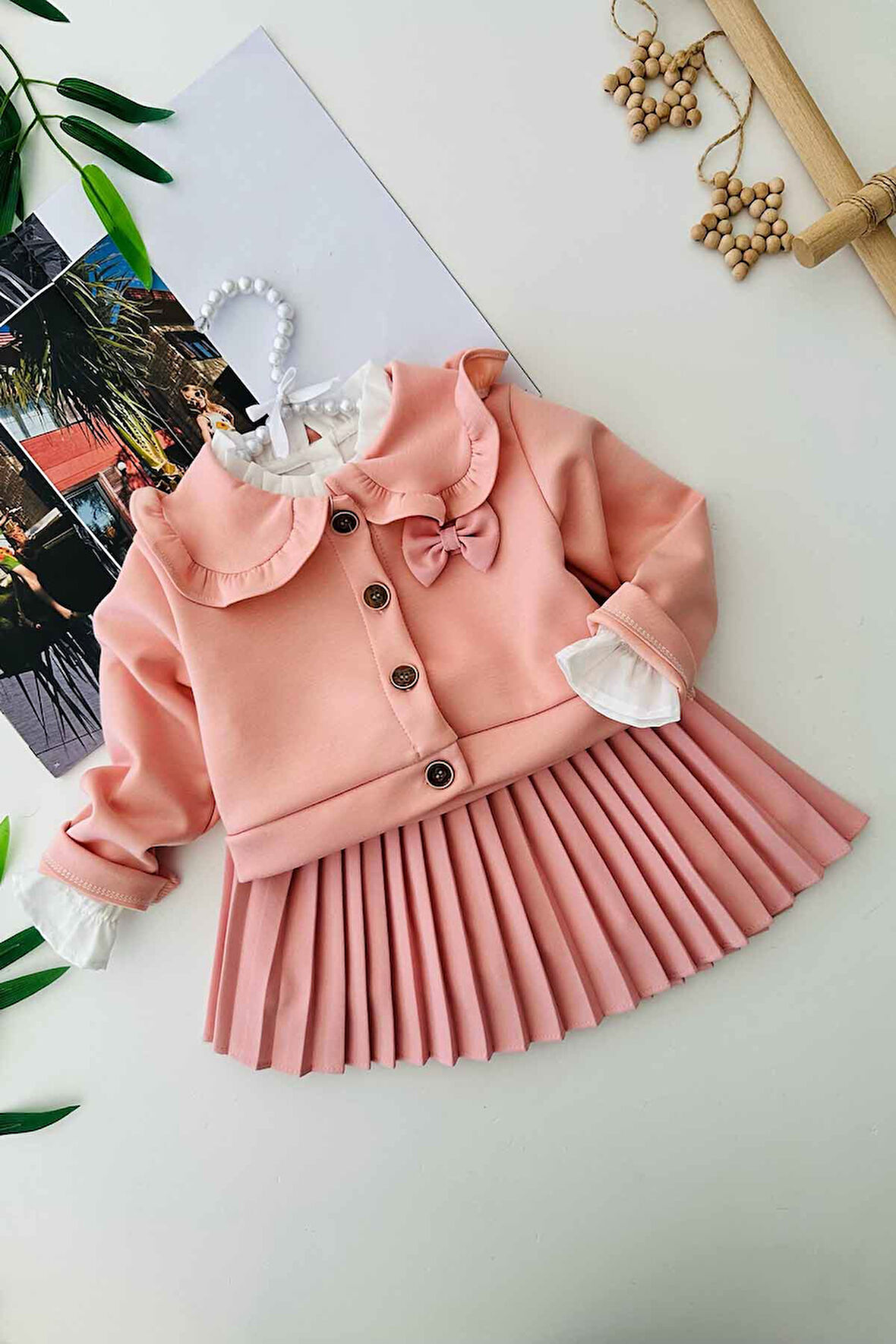 Miniğimin Cicileri Fırfırlı Yaka Düğmeli Ceket, Gömlek ve Pileli Etek 3 lü Kız Çocuk Takımı - Gül K