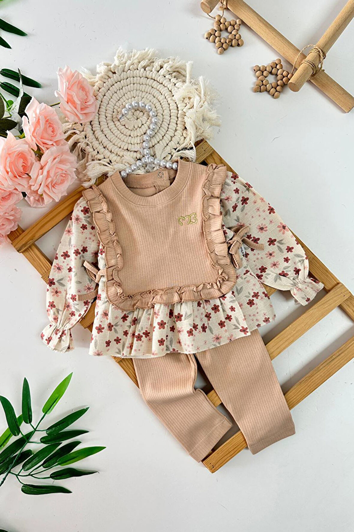 Miniğimin Cicileri Kalp İşleme Bağcık Detaylı Kız Bebe 2 li Takım - Somon