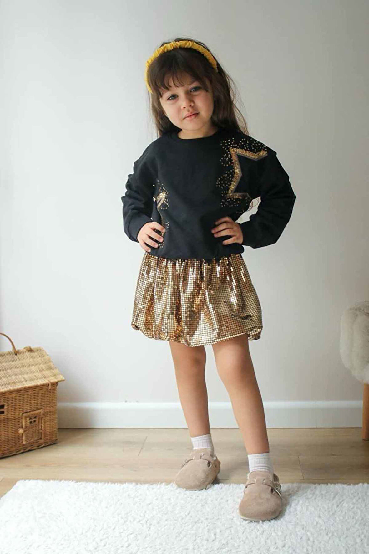 Miniğimin Cicileri Yıldızlı Gold Balon Etek Kız Çocuk 2 li Takım - Altın