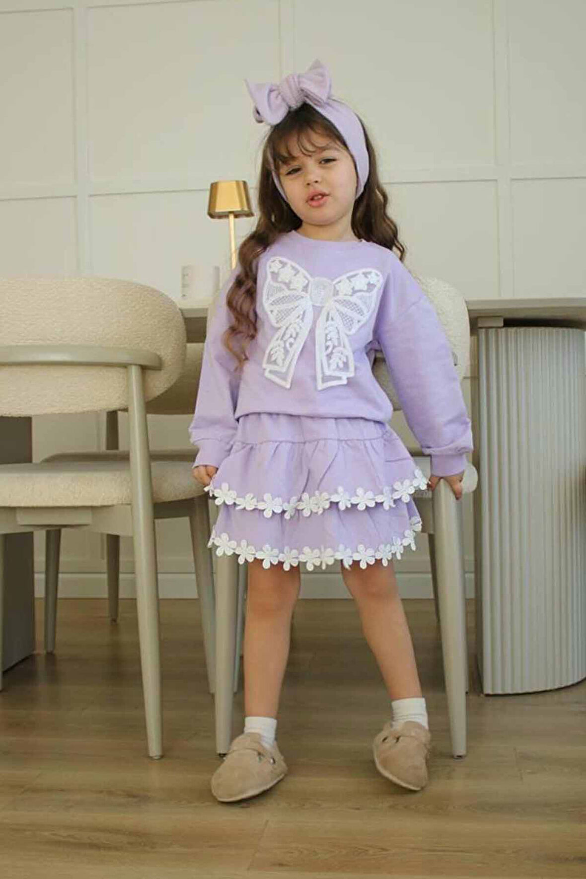 Miniğimin Cicileri Fiyonk Detaylı Çiçek Fisto Kat Kat Etekli Kız Çocuk 2 li Takım - Lila