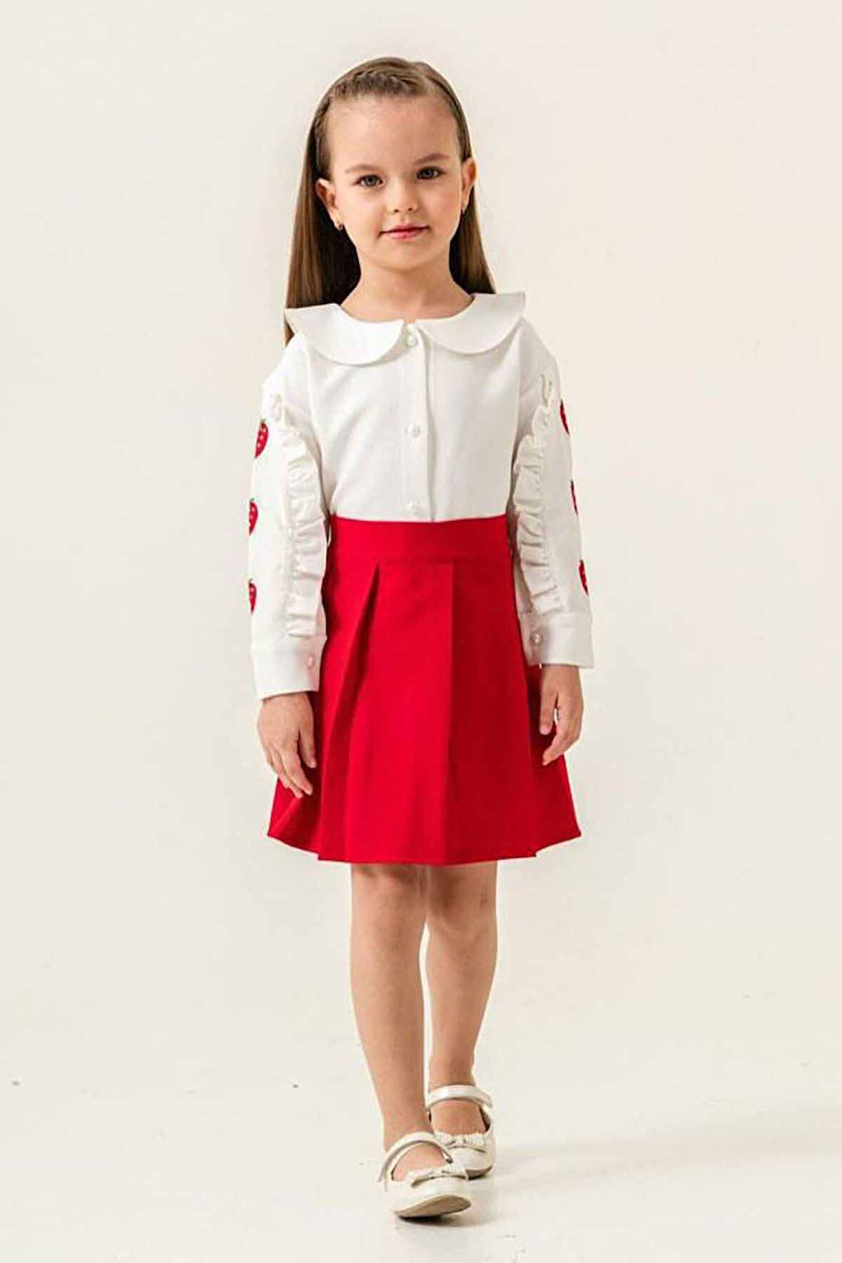 Miniğimin Cicileri Çilek İşleme Desenli Bebe Yaka Kız Çocuk Etekli Takım - Kırmızı