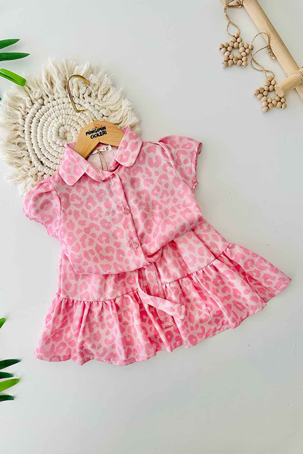 Miniğimin Cicileri Leopar Desenli Belden Bağlama Model Kız Çocuk 2 li Yazlık Takım - Pembe