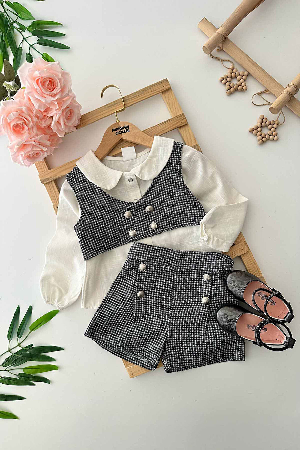 Miniğimin Cicileri Düğmeli Cepkenli Şortlu Kız Çocuk 3 lü Takım - Siyah
