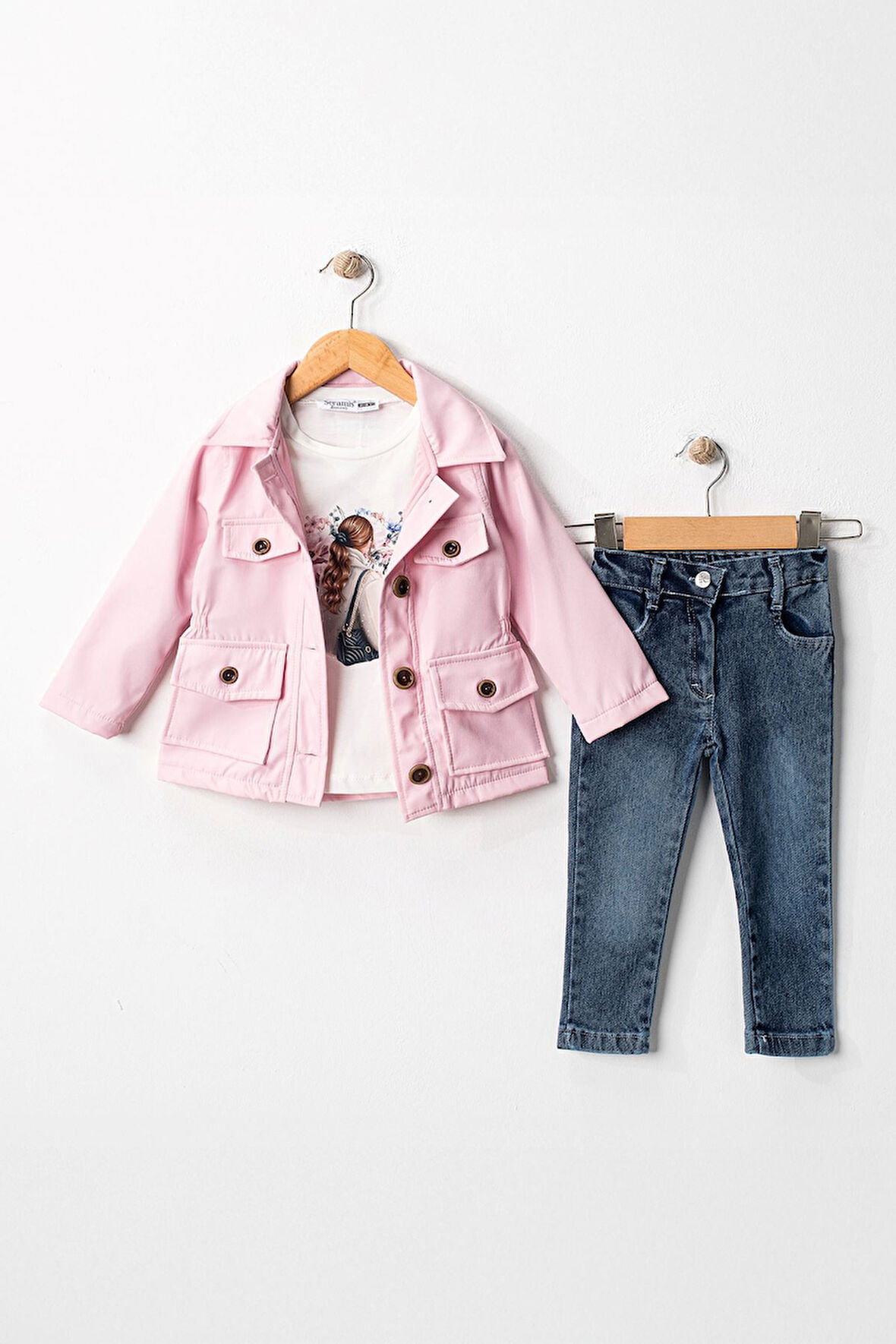 Miniğimin Cicileri Düğmeli Cep Detaylı Astarlı Trençkotlu Kız Çocuk 3 lü Takım - Şeker Pembe