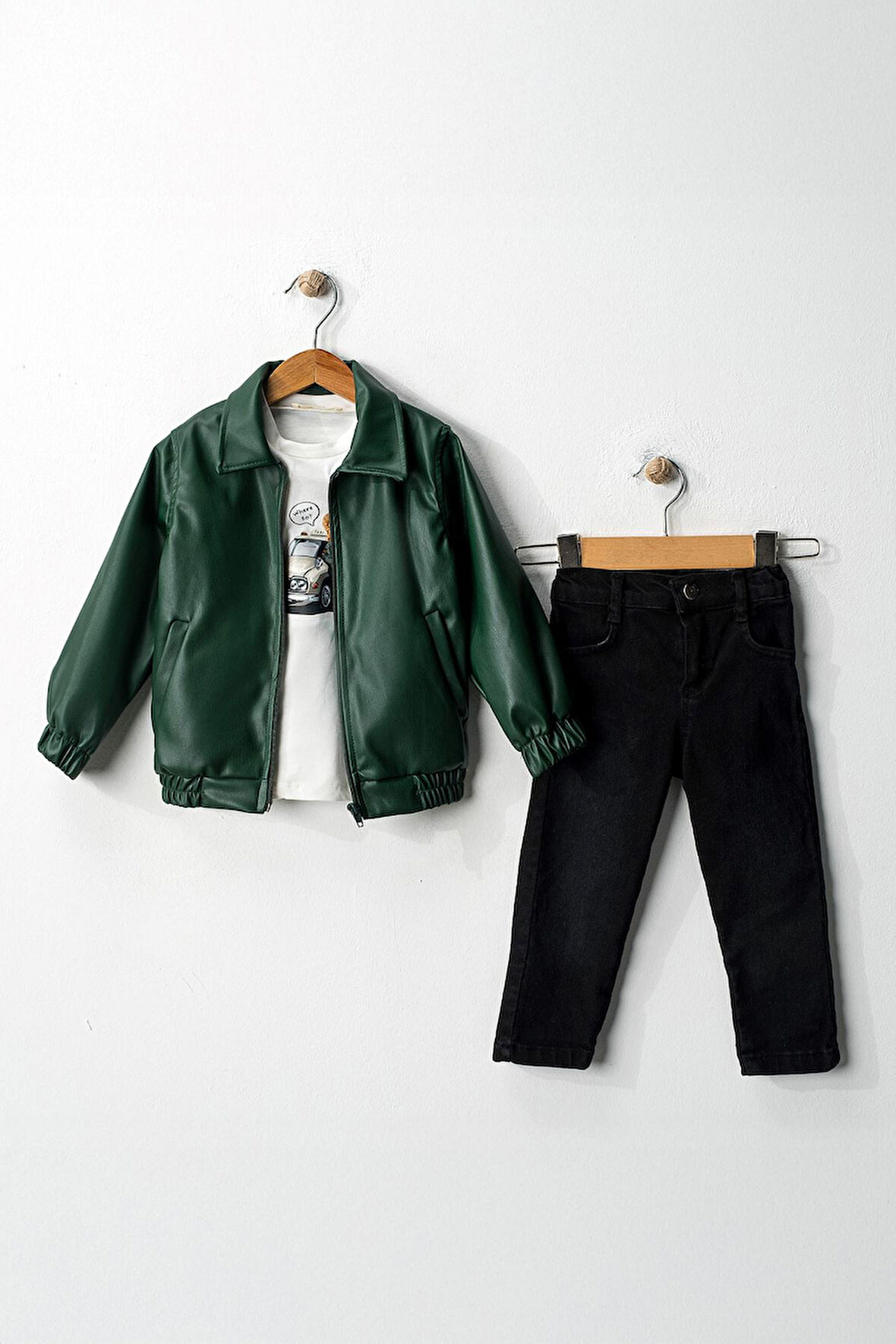 Miniğimin Cicileri Astarlı Yumuşak Deri Trençkotlu Erkek  Çocuk 3 lü Takım - Yeşil