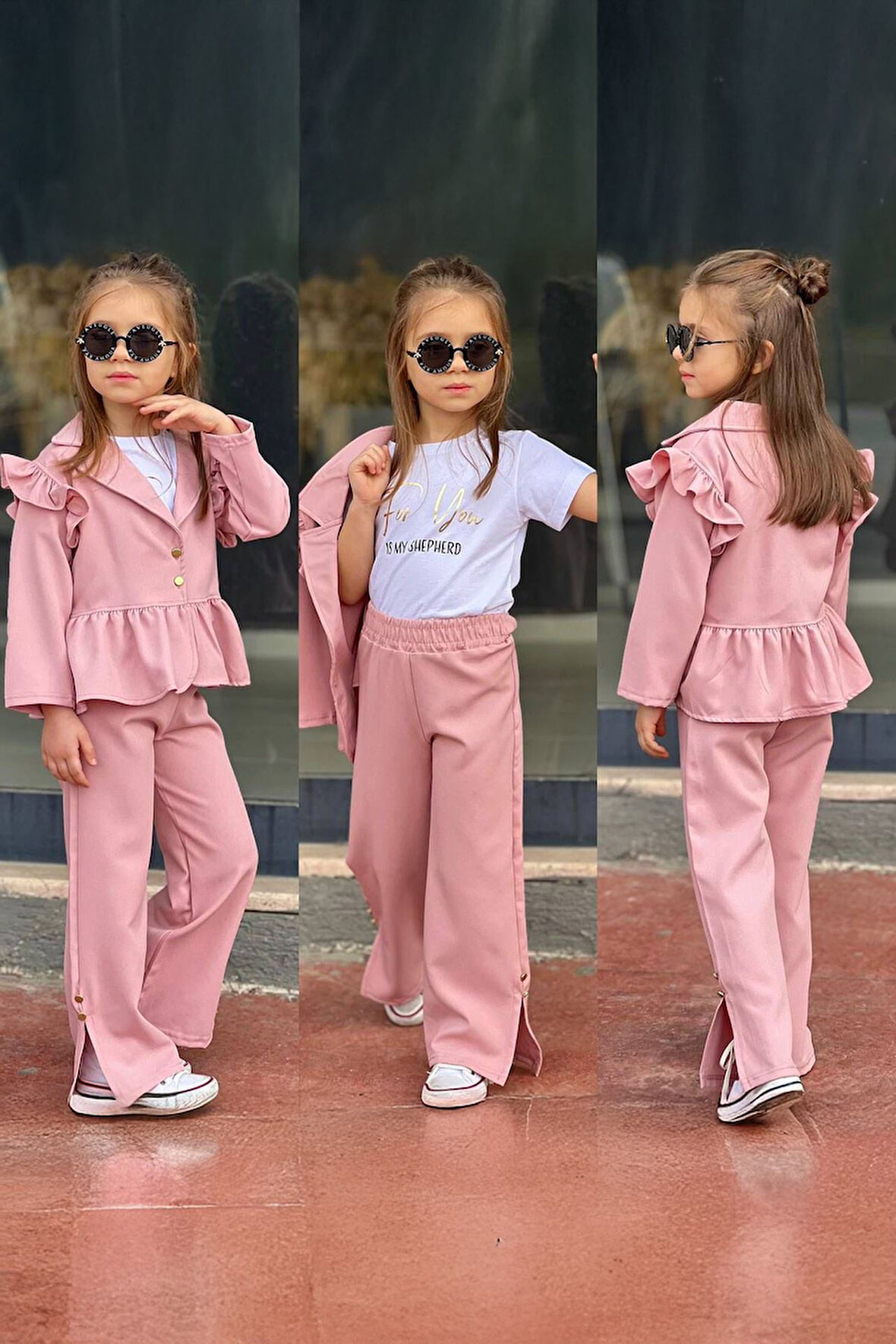 Miniğimin Cicileri Volanlı Ceketli Kız Çocuk 3 lü Takım - Pudra