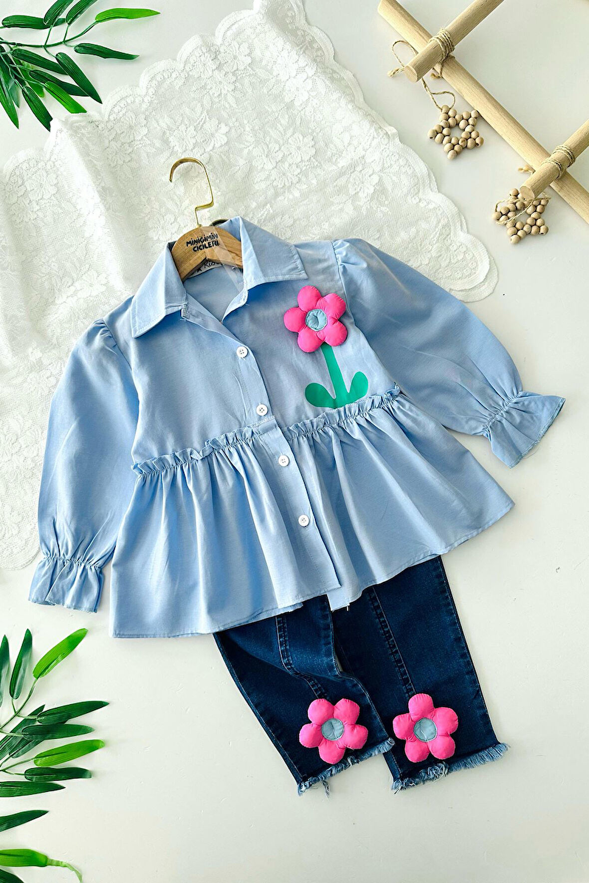 Miniğimin Cicileri Çiçek Desenli Kot Pantolonlu Gömlekli 2 li Takım - Açık Mavi