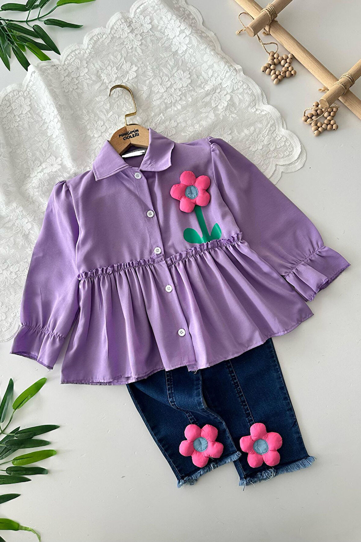 Miniğimin Cicileri Çiçek Desenli Kot Pantolonlu Gömlekli 2 li Takım - Lila