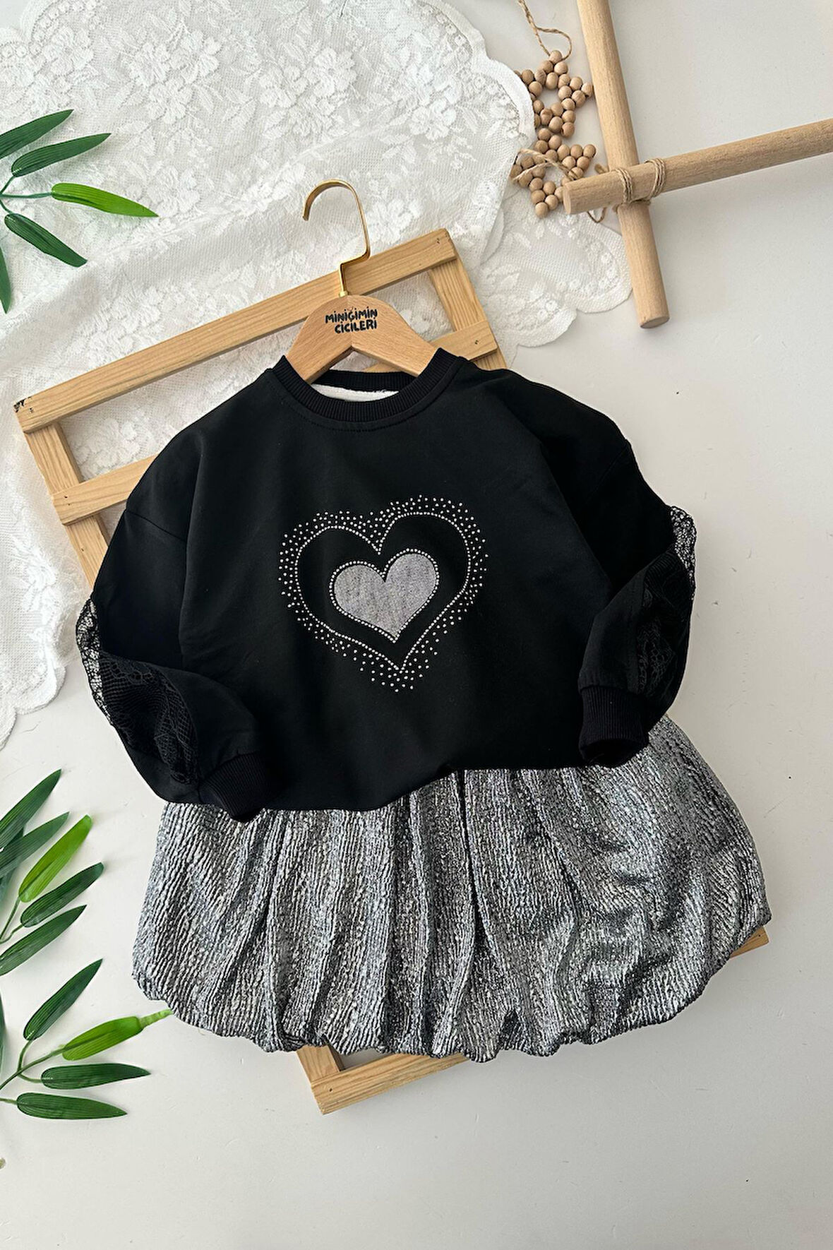 Miniğimin Cicileri Kalp Taş Detaylı Balon Etekli Kız Çocuk 2 li Takım - Siyah