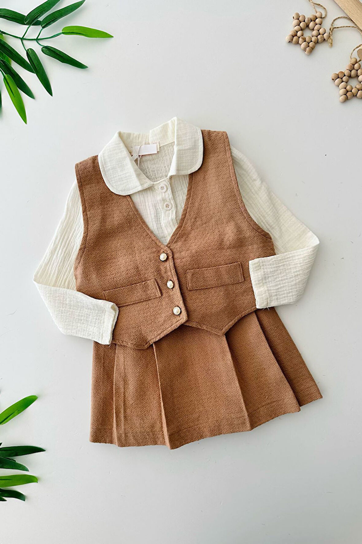 Miniğimin Cicileri Chanel Yelekli Kız Çocuk 3 lü Takım - Taba