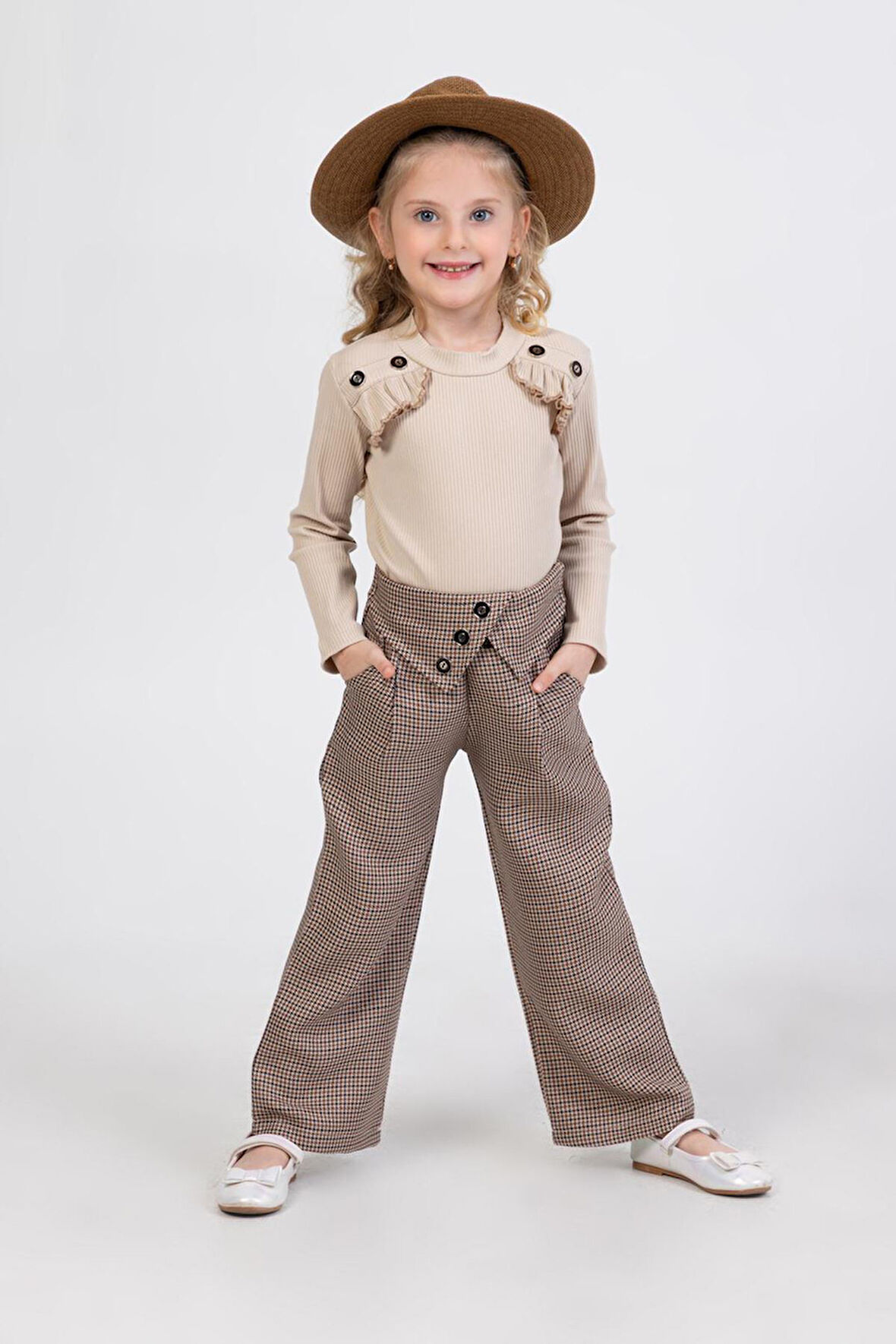 Miniğimin Cicileri Kazayağı Pantolonlu Düğme Detaylı 2 li Takım - Sütlü Kahve