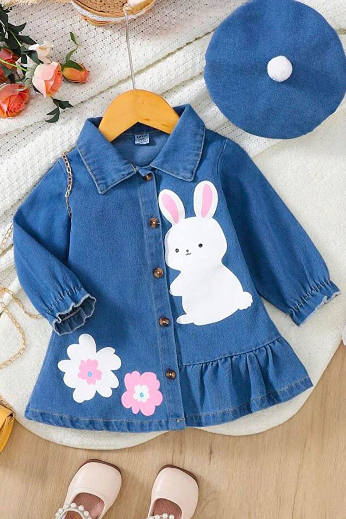 Miniğimin Cicileri Tavşan Baskılı Şapkalı Tensel Kot Kız Çocuk Elbise - Mavi