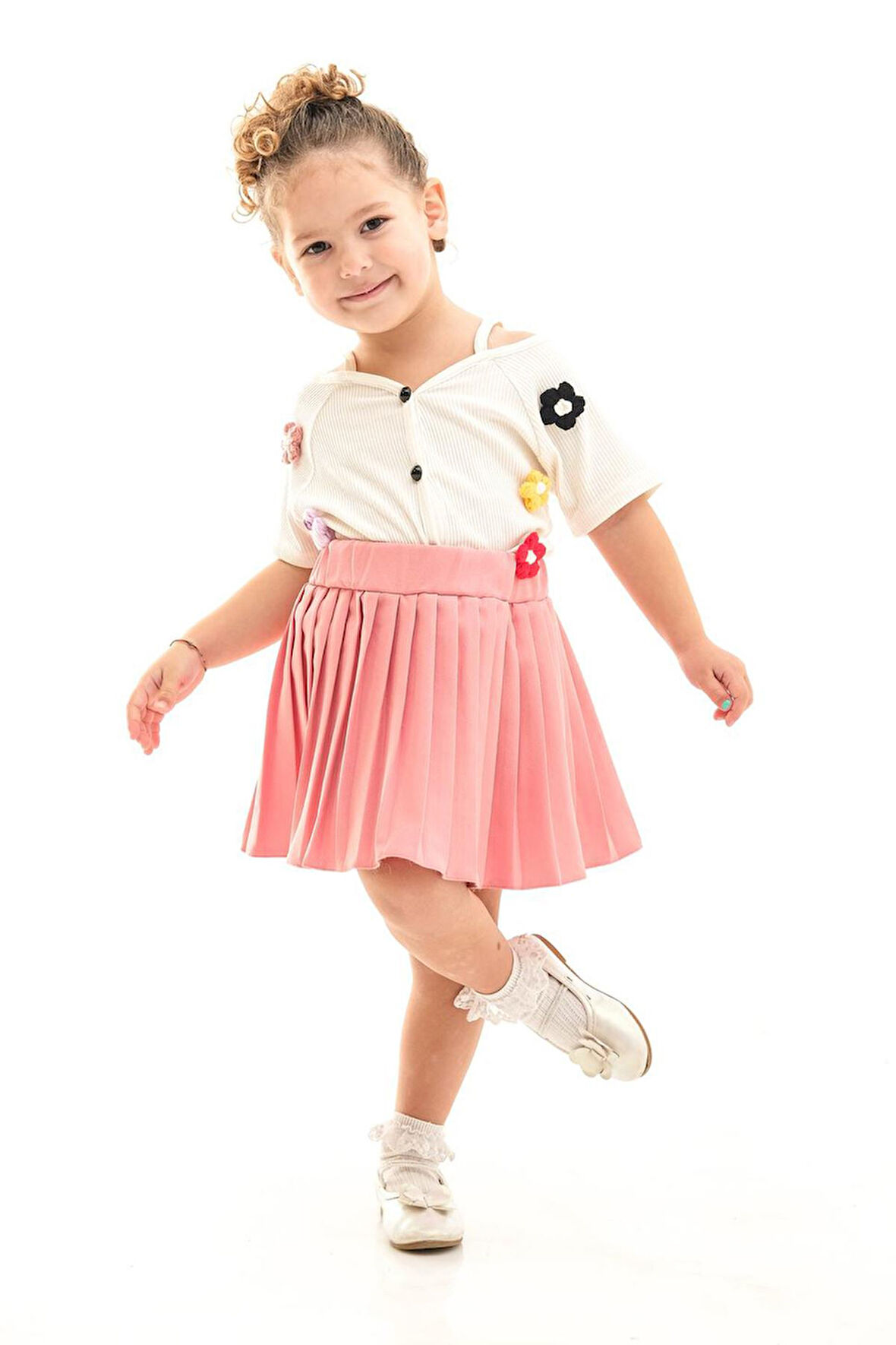Miniğimin Cicileri Örgü Çiçek Detaylı Pileli Etekli Kız Çocuk 2 li Takım - Gül Kurusu