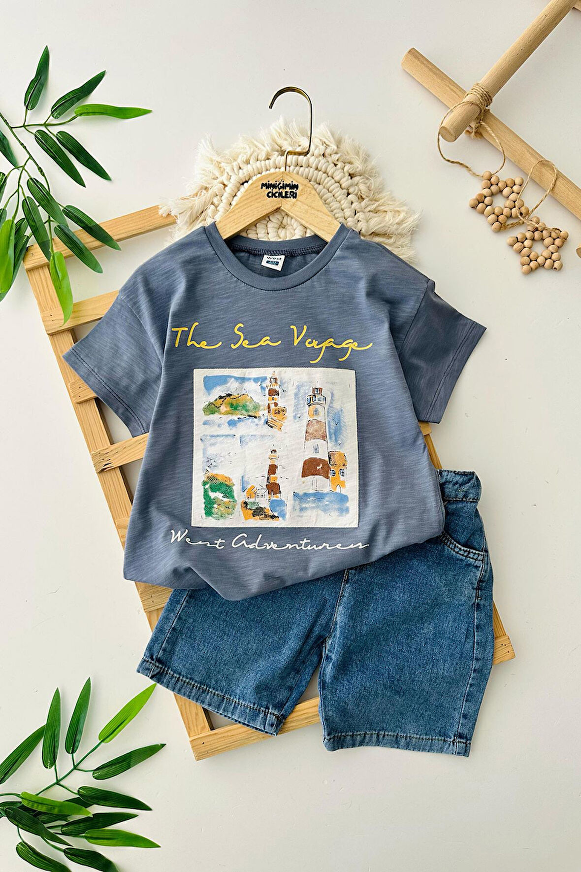 Miniğimin Cicileri Pano The Sea Desenli Erkek Çocuk Kot Şortlu Takım - Mavi