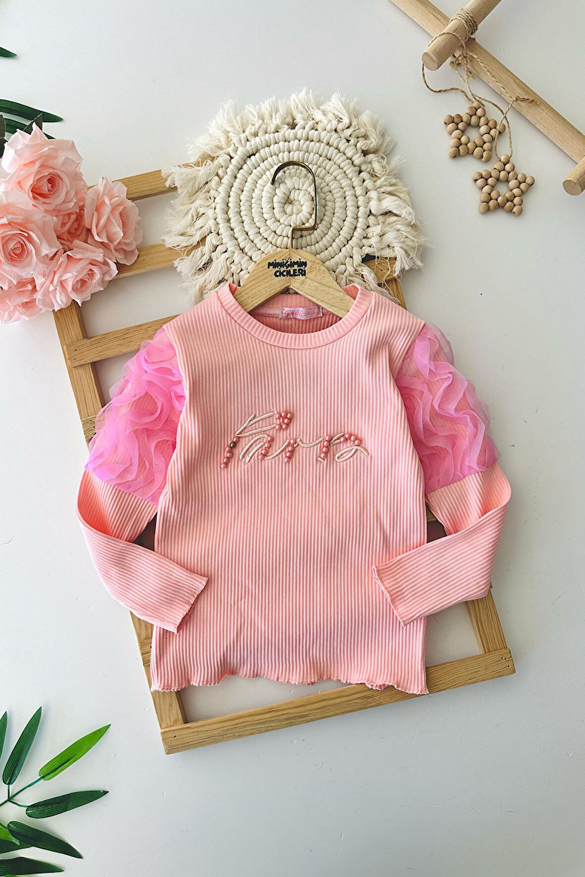 Miniğimin Cicileri Kol Tül Detaylı Taş işleme Kız Çocuk Sweat - Somon