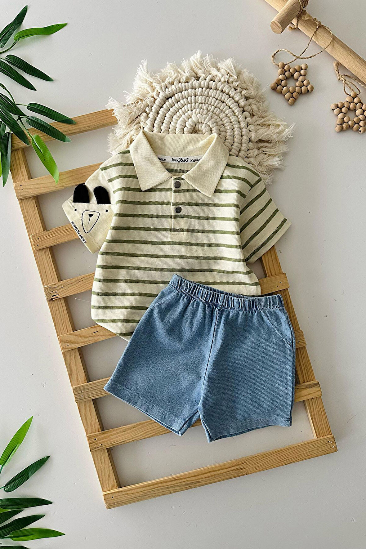 Miniğimin Cicileri Lacost Sevimli Ayıcıl Detaylı Çizgiliz Erkek Bebe Takım - Yeşil