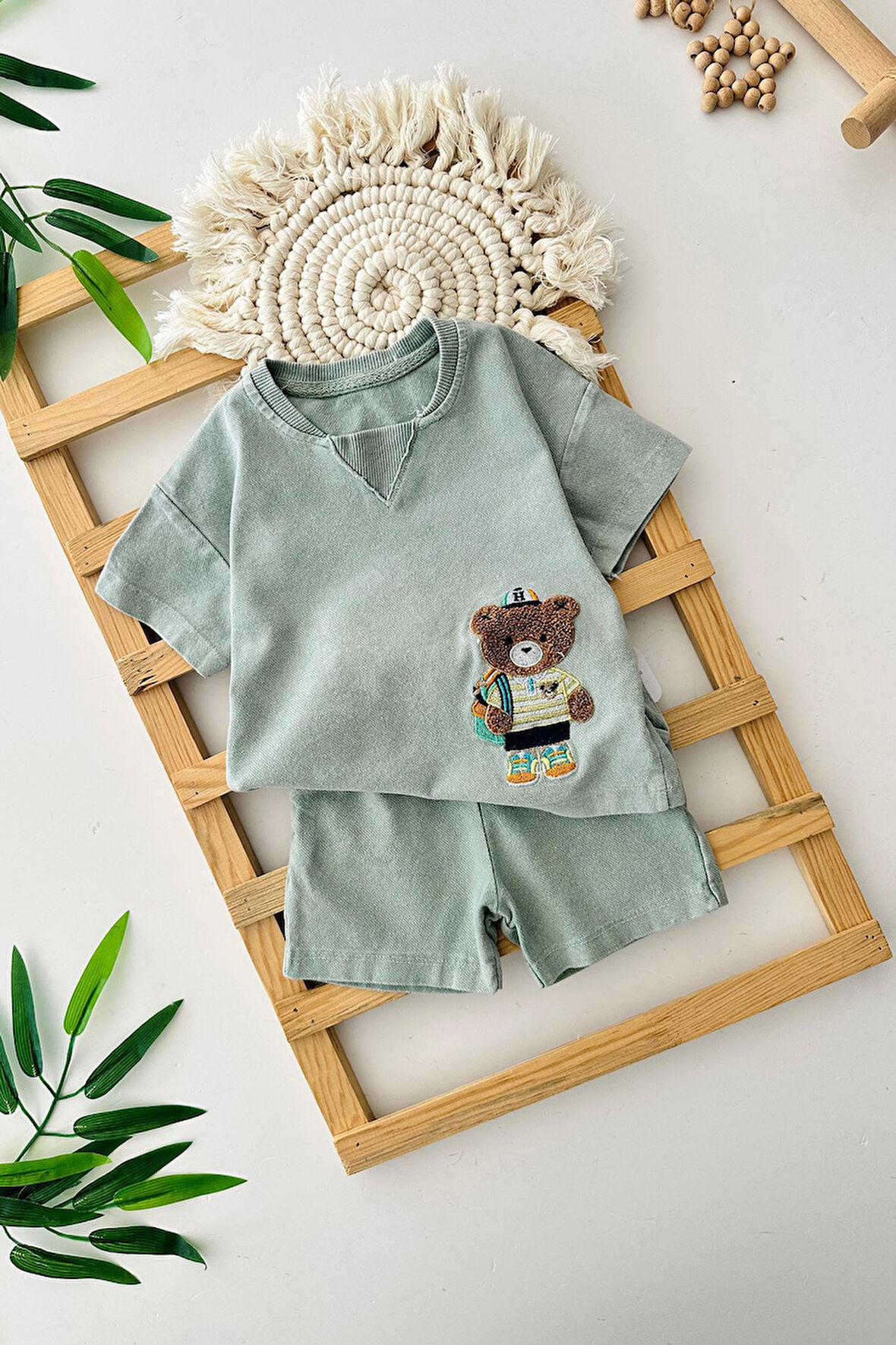 Miniğimin Cicileri Bear Panç İşleme Erkek Bebe Yumuşak kotlu Takım - Yeşil