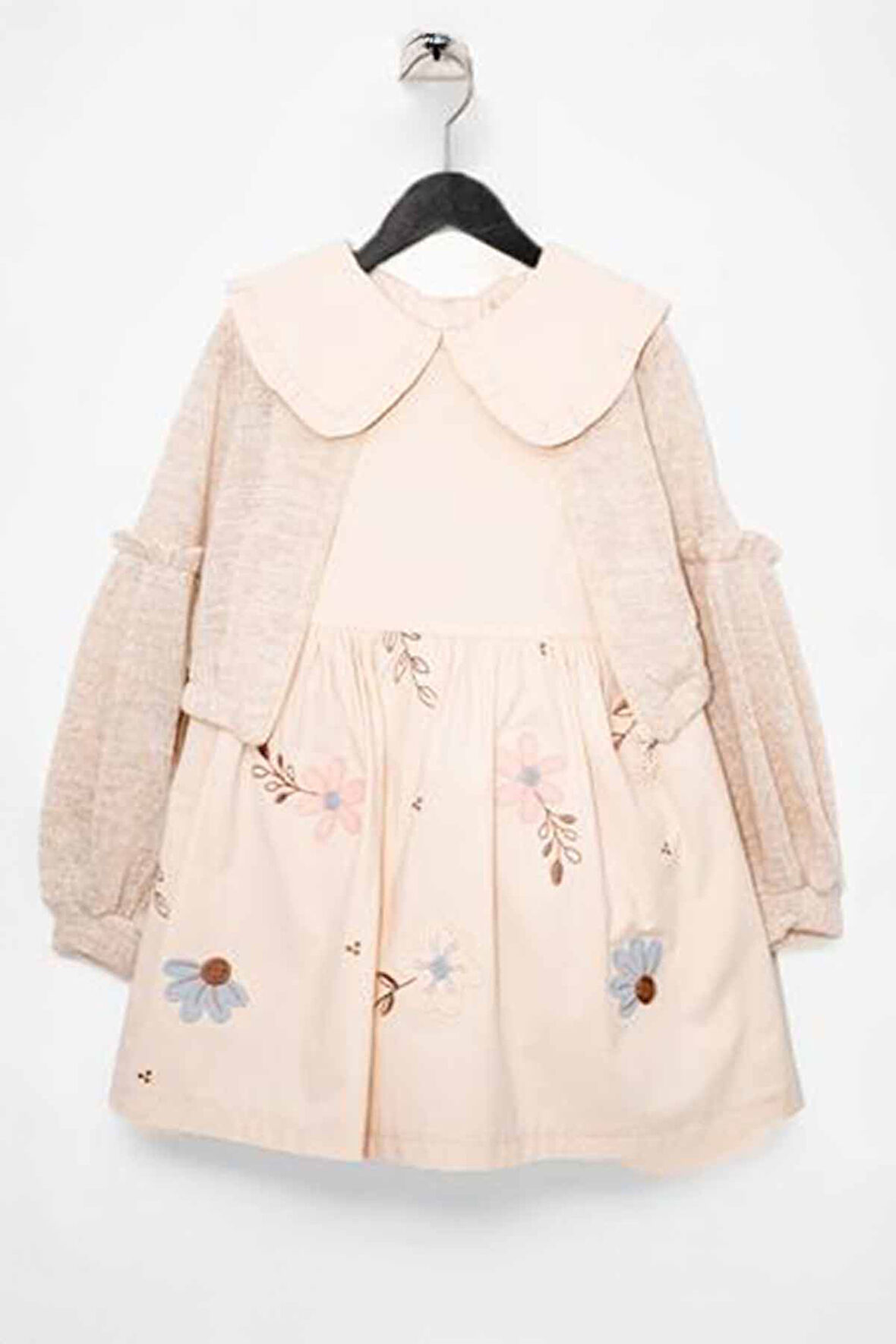 Minigimin Cicileri Çiçek İşlemeli Balon Kol Hırkalı Kız Çocuk Elbise Takım - Krem
