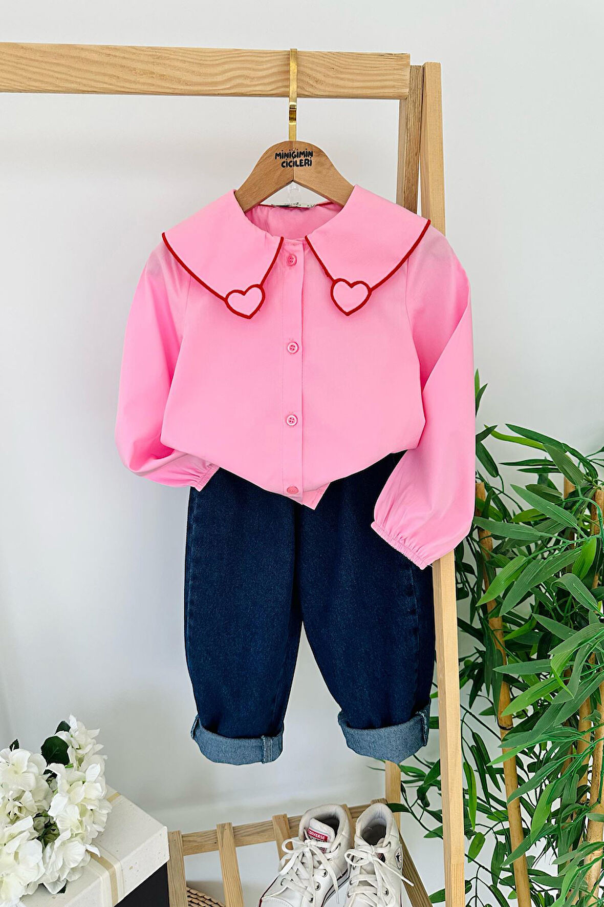 Miniğimin Cicileri Kalp İşleme Detaylı Kot Pantolonlu Kız Çocuk 2 li Takım - Pembe