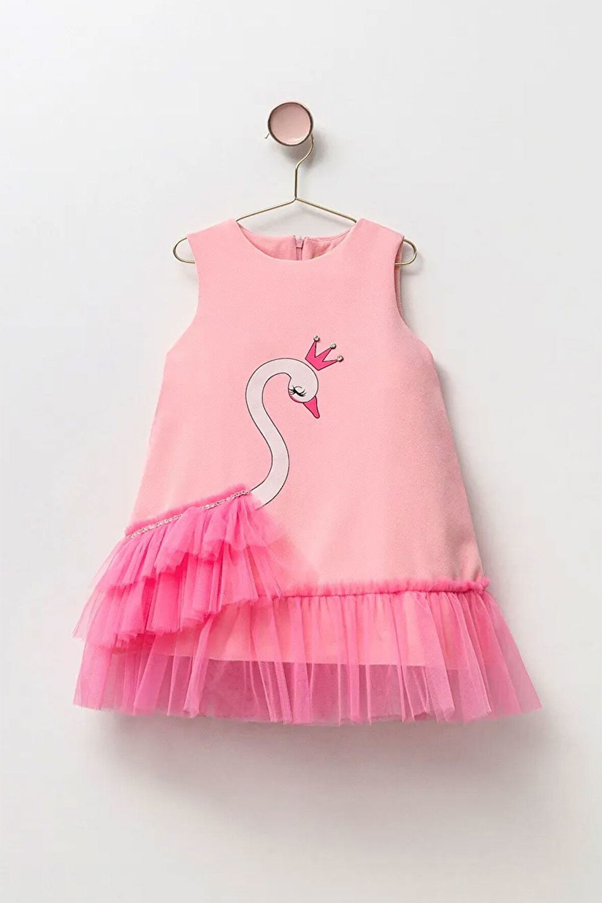 Miniğimin Cicileri Kuğulu Tüllü Kız Çocuk Asterlı Elbise - Pembe