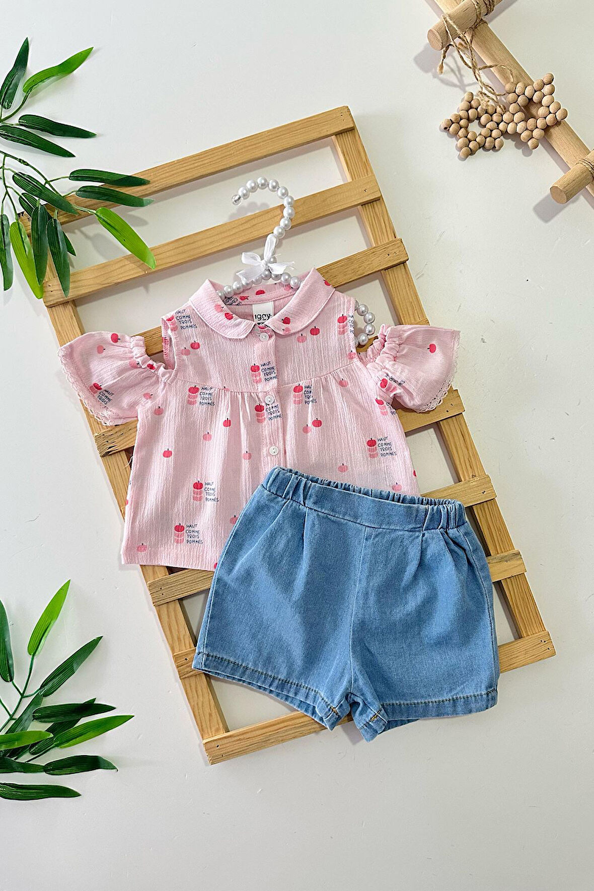 Miniğimin Cicileri Müslin Kiraz Desenli Yumuşak Kot Şortlu Kız Bebek 2 li Takım - Pembe
