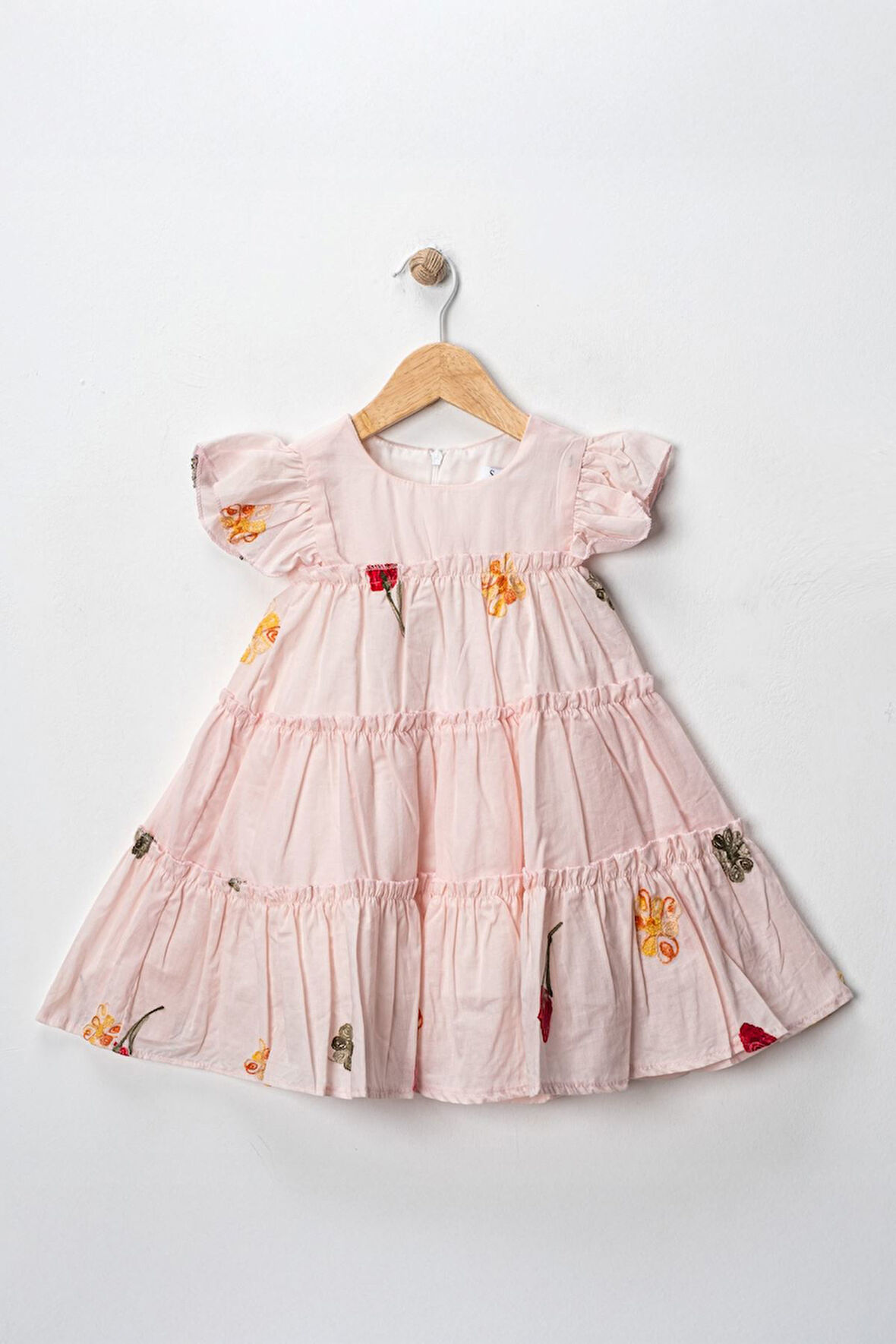 Miniğimin Cicileri Nakış işleme Pamuk Kız Çocuk Elbise - Pudra