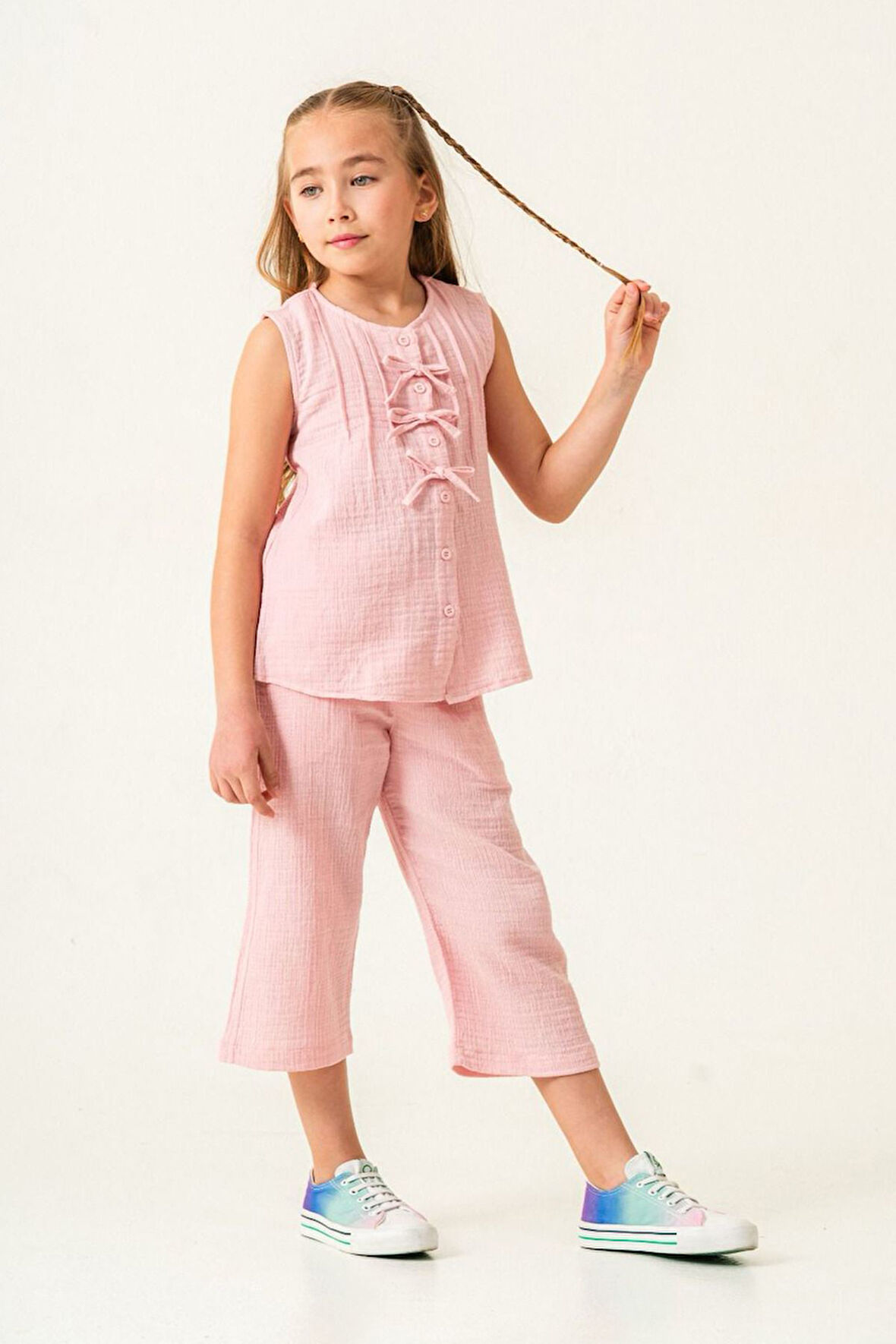 Miniğimin Cicileri Müslin İnce Fiyonk Detaylı Kız Çocuk Kapri 2 li Takım - Pembe