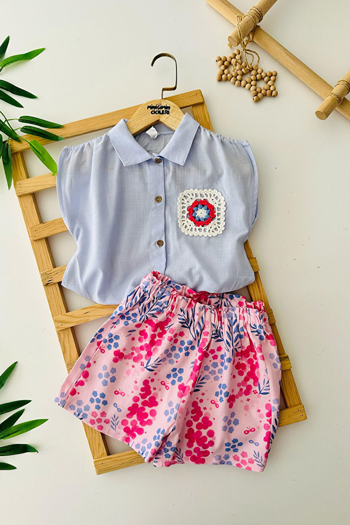 Miniğimin Cicileri Cep Örgü Dantel Detaylı Kız Çocuk Etnik Şortlu Takım - Lila