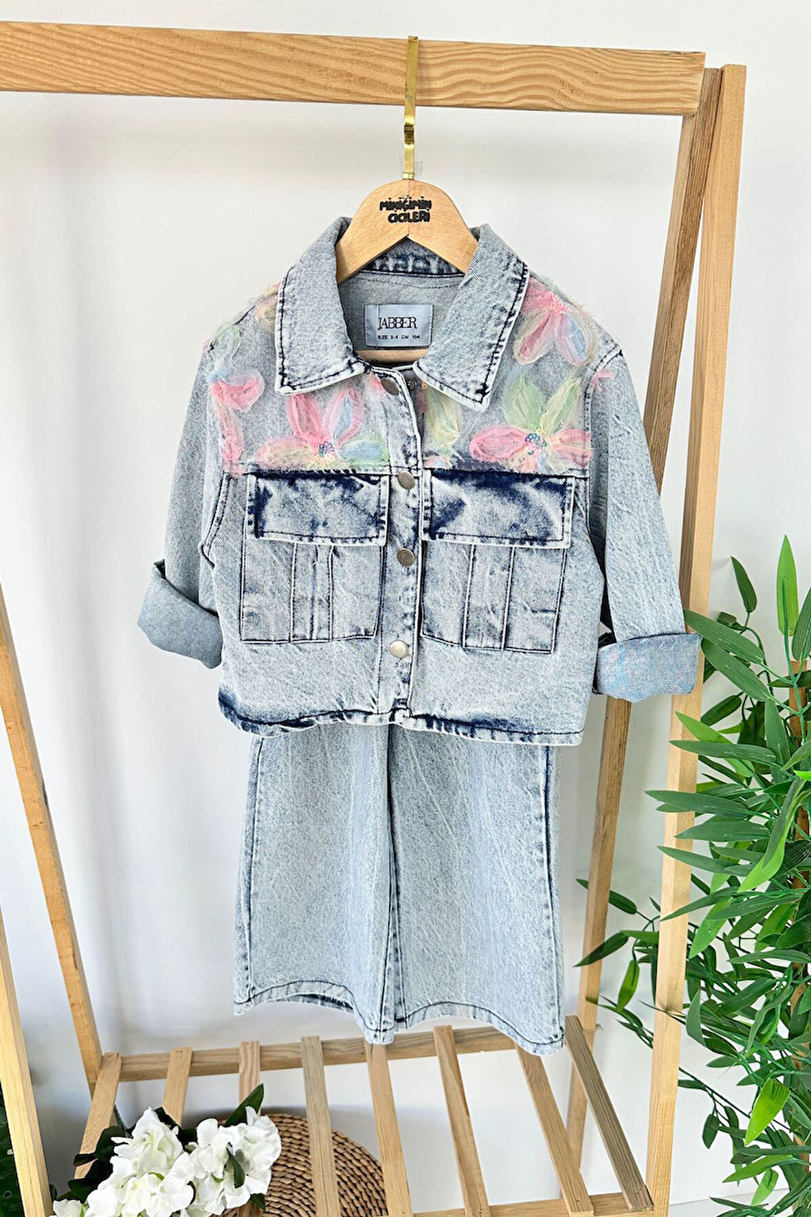 Miniğimin Cicileri Zambak Tül Detaylı Kız Çocuk Kot Ceketli 2 li Takım - Açık Mavi