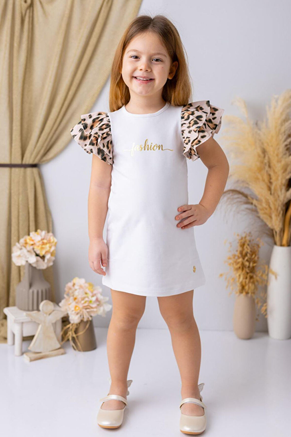 Miniğimin Cicileri Kolları Leopar Volanlı Fashion Kız Çocuk Elbise - Beyaz