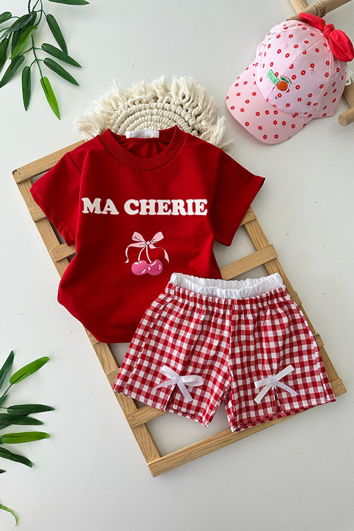 Miniğimin Cicileri Kiraz Baskılı Ekose Şortlu Kız Çocuk Şortlu Takım - Kırmızı