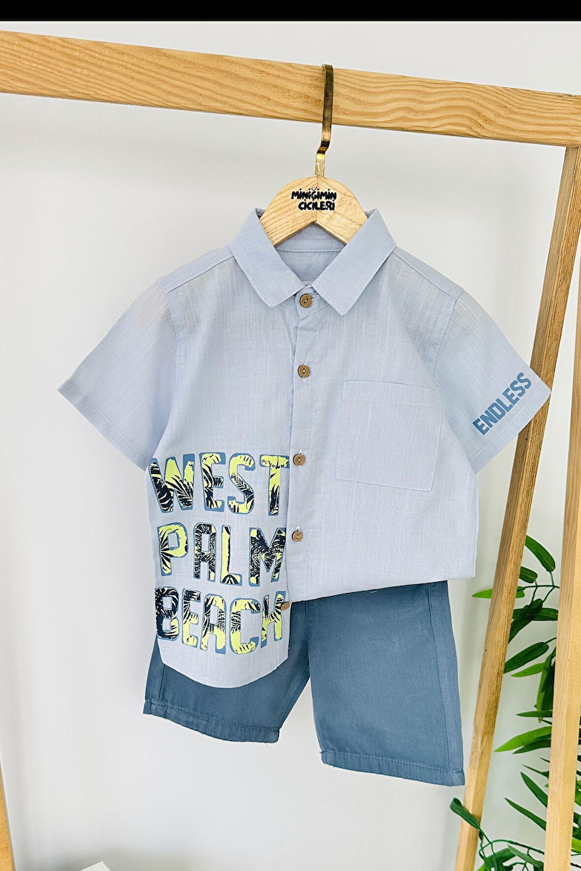 Miniğimin Cicileri West Palm Beach Baskılı Erkek Çocuk Gömlekli Şortlu Takım - Mavi
