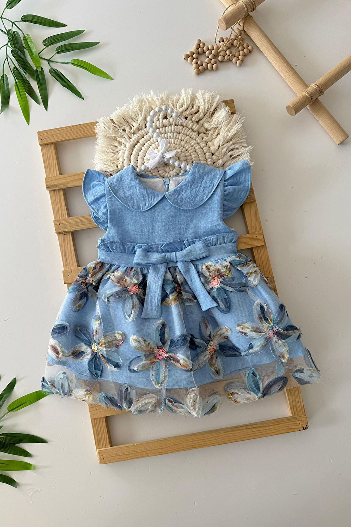 Miniğimin Cicileri Zambak Desenli Payetlı Kız Bebe Elbise - Mavi