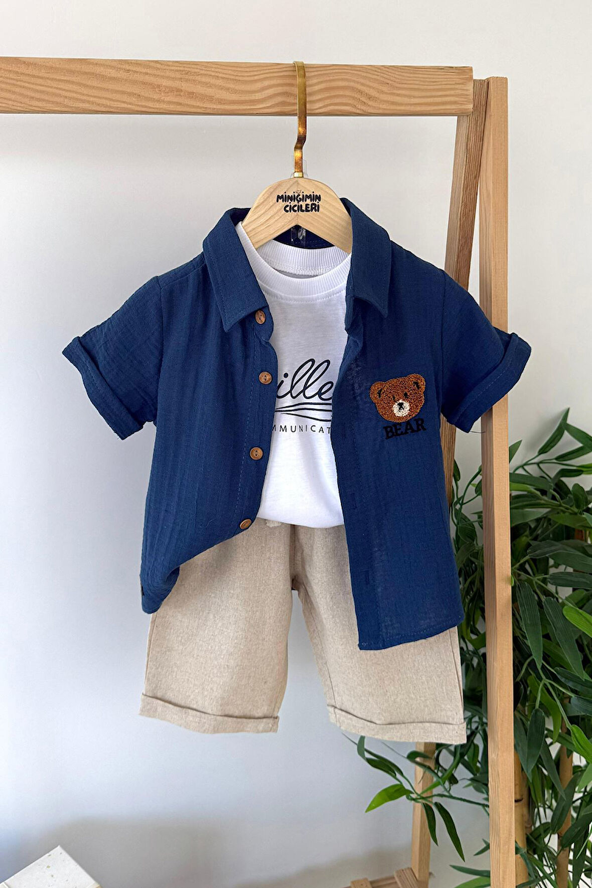 Miniğimin Cicileri Müslin Bear Panç İşlemeli Erkek Çocuk 3 lü Şortlu Takım - Mavi