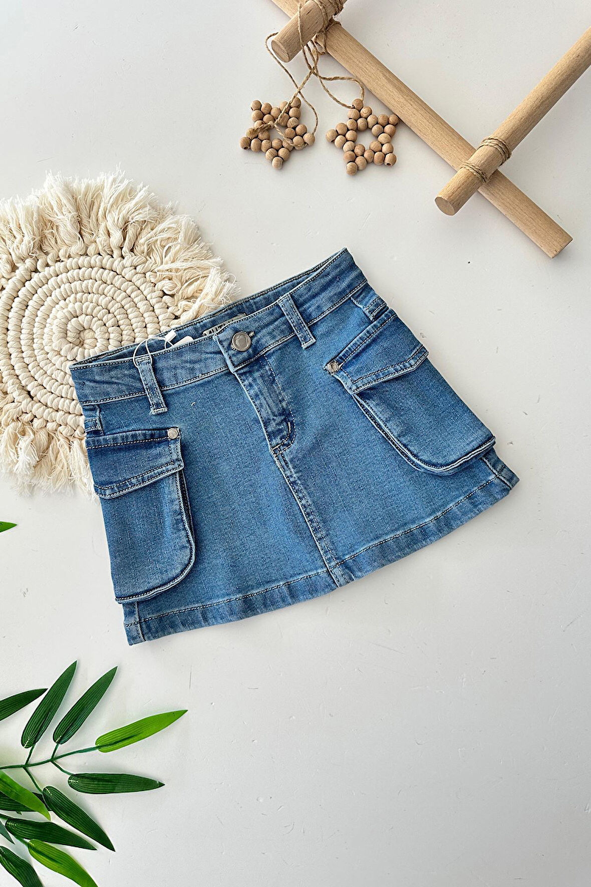 Miniğimin Cicileri Kargo Cepli Kot Kız Çocuk Etek - Açık Mavi