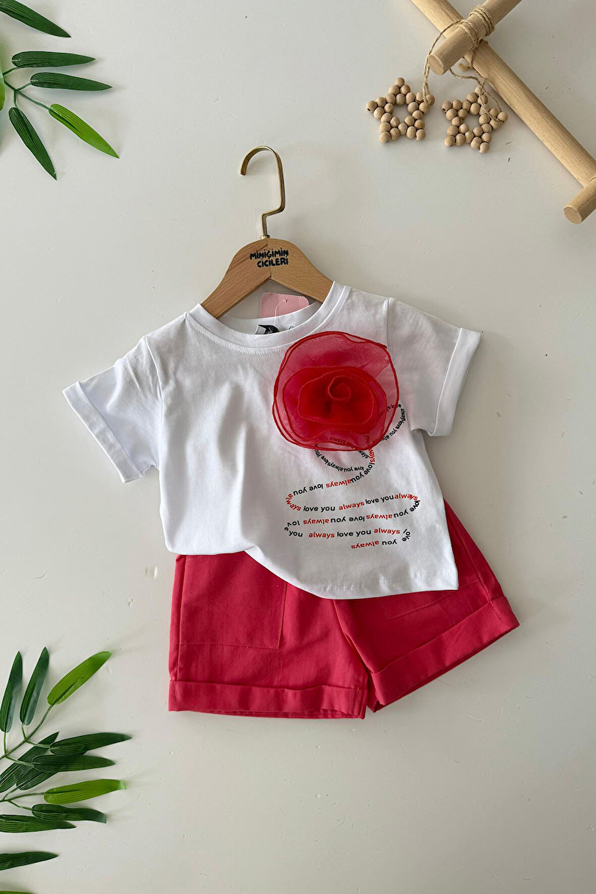 Minigimin Cicileri Gül Desenli Kız Çocuk Şortlu 2 li Takım - Kırmızı