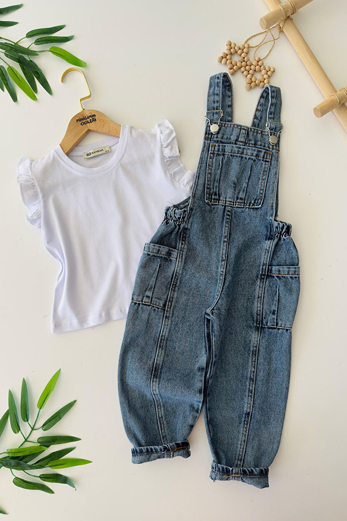 Miniğimin Cicileri Kot Salopetli Fırfır Kol Detaylı Kız Çocuk 2 li Takım - Mavi