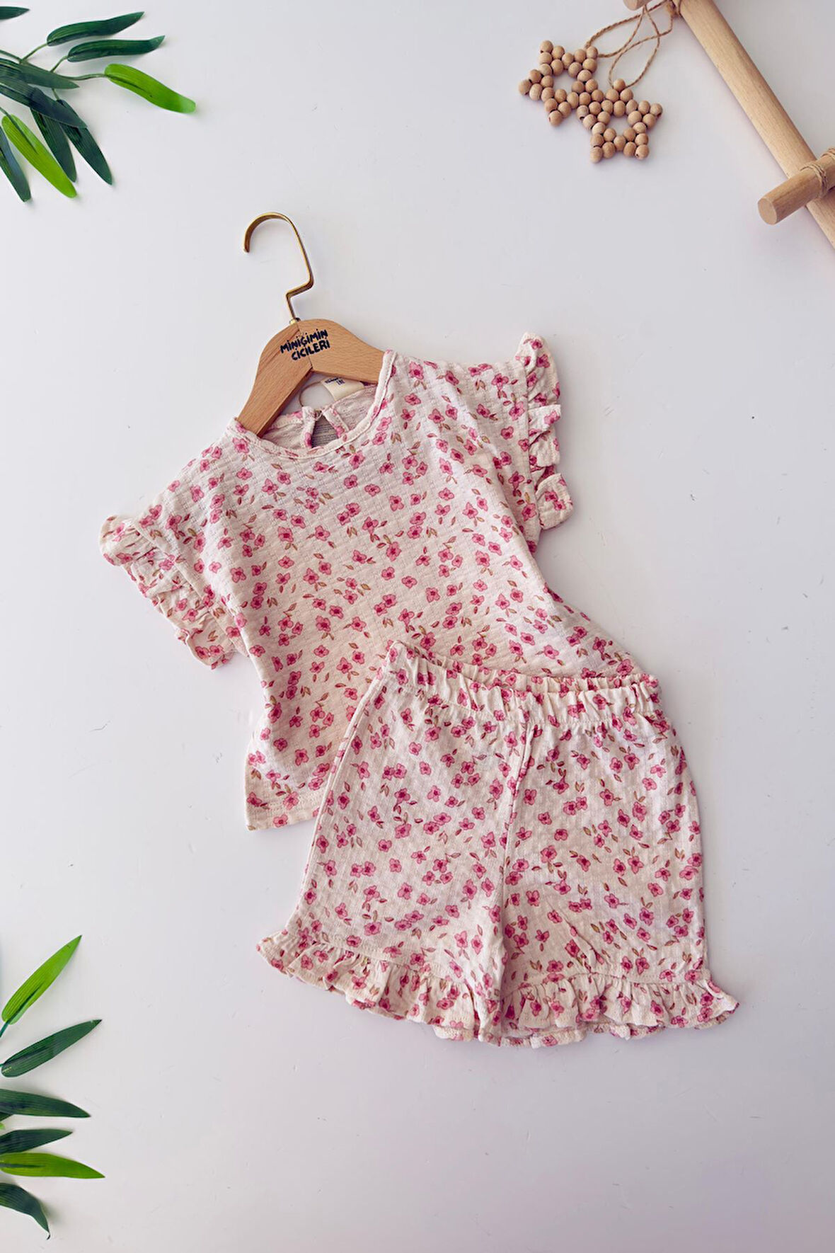 Miniğimin Cicileri Müslin Çiçek Bezeli Kız Bebe 2 li Pamuk Takım - Pembe