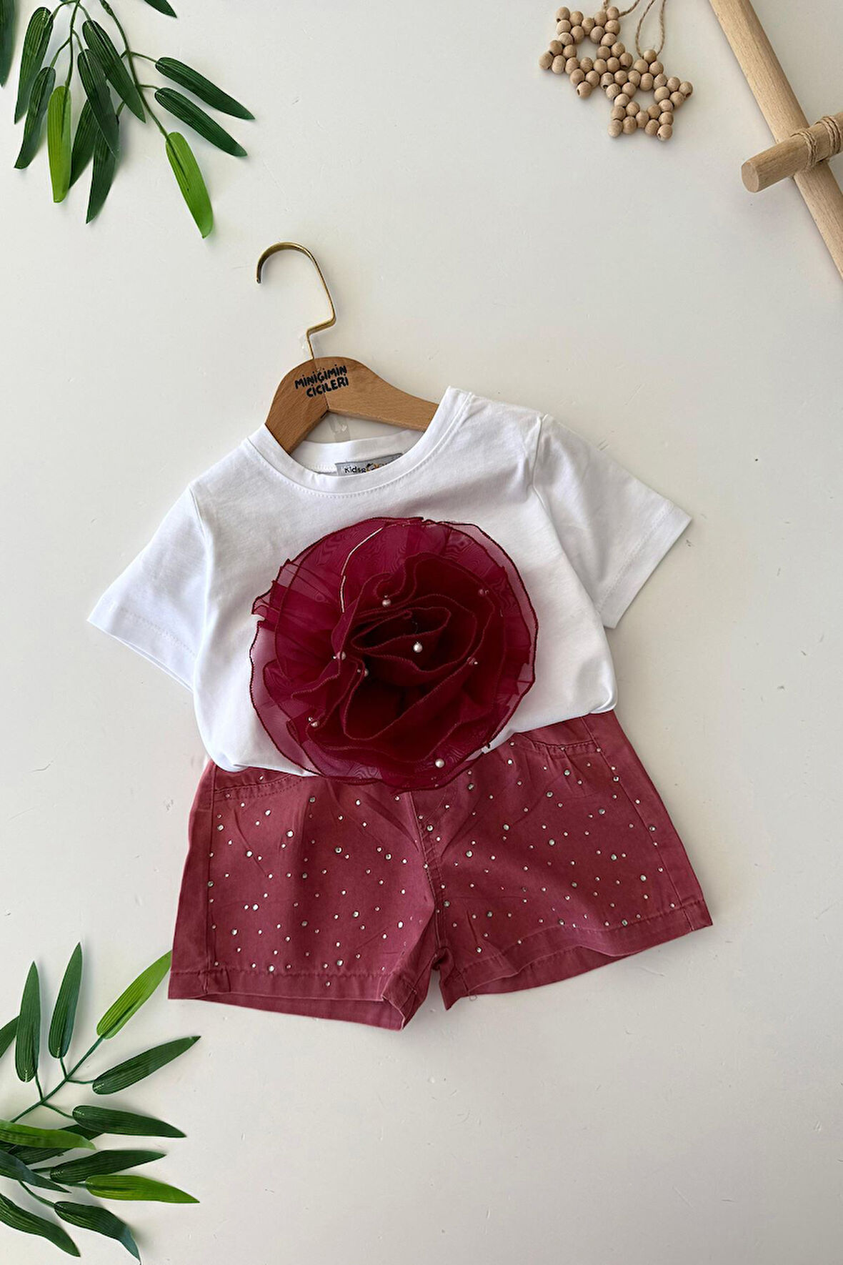 Miniğimin Cicileri Batik Gül Detaylı Taşlı Kız Çocuk Şortlu 2 li Takım - Bordo