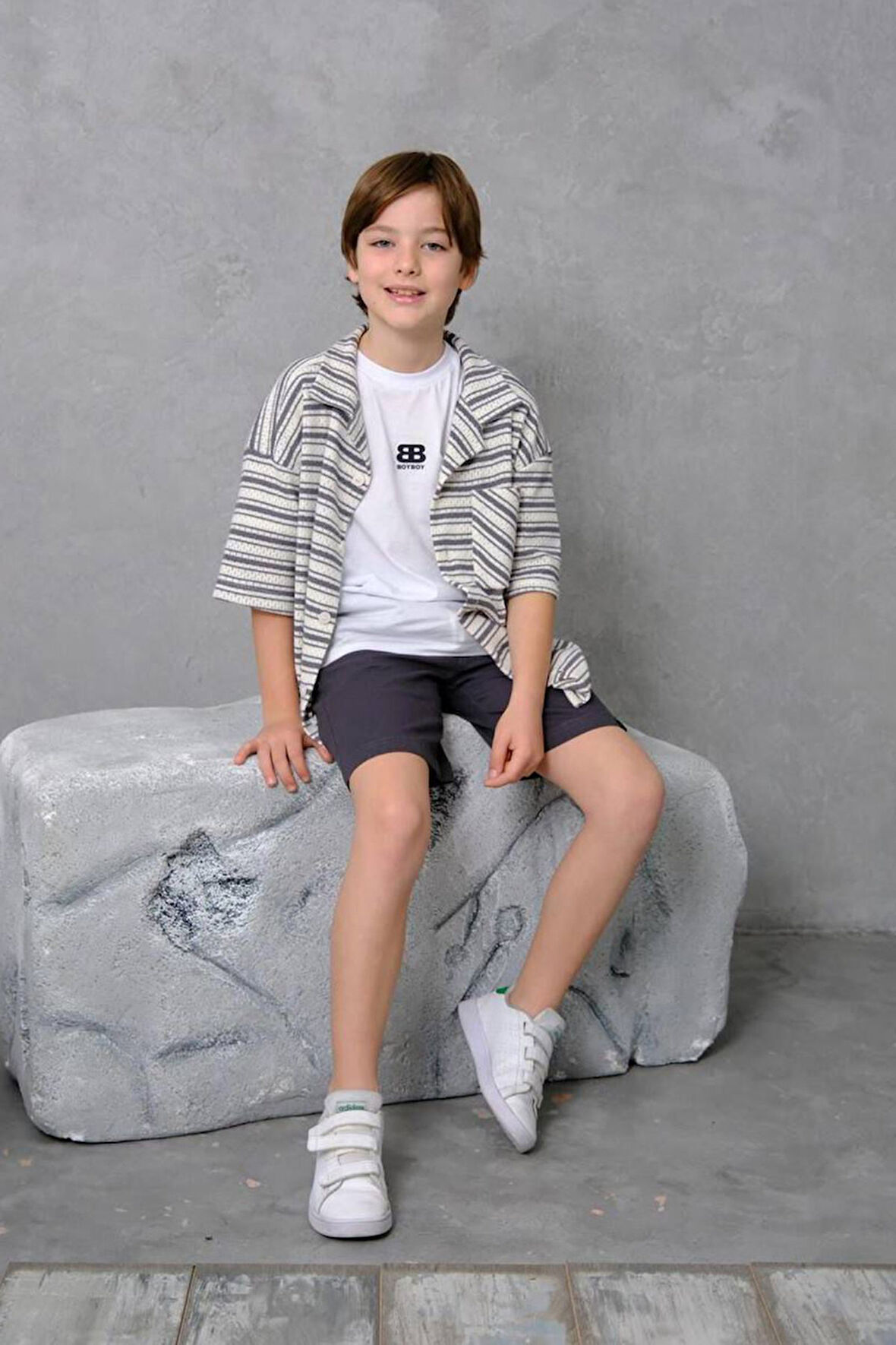 Miniğimin Cicileri BB Çizgili Hırkalı Şortlu Erkek Çocuk 3’lü Kombin - Gri