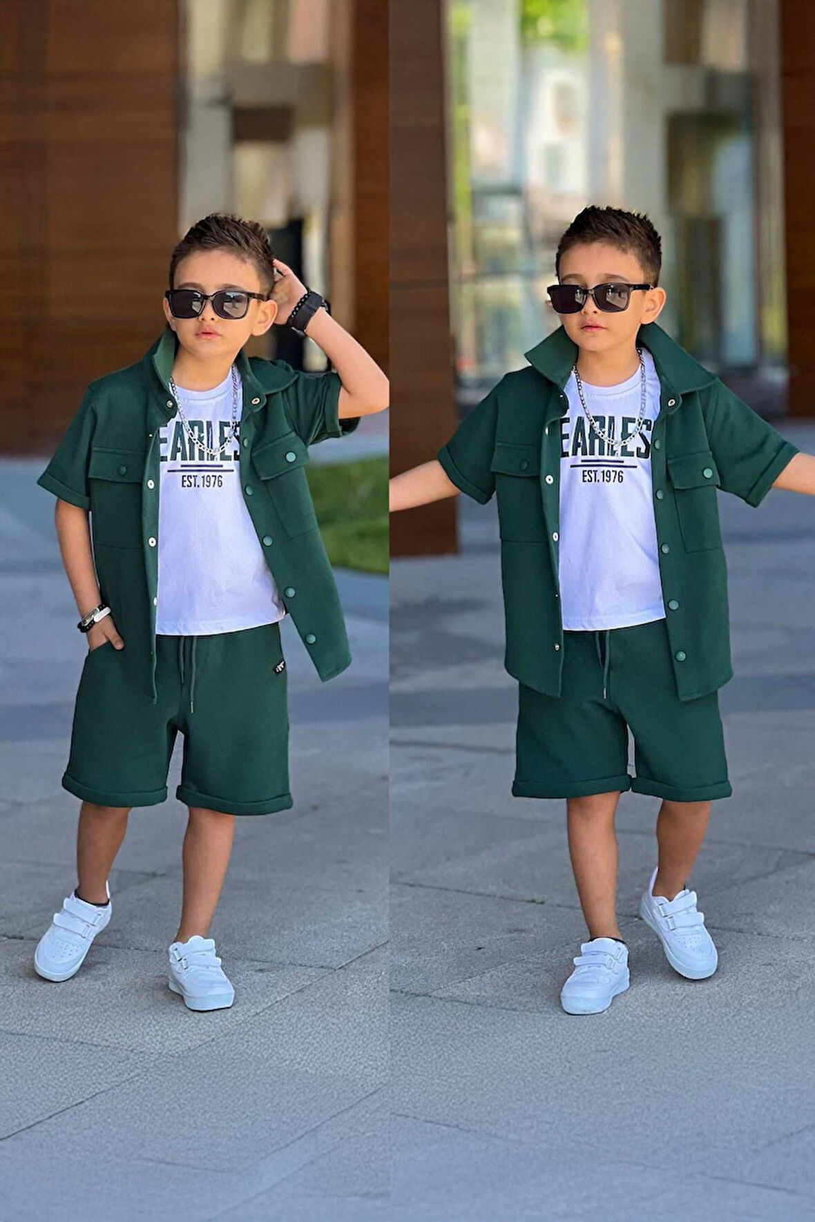 Miniğimin Cicileri Earles Baskılı Cepli Gömlekli Erkek Çocuk 3 lü Takım - Yeşil