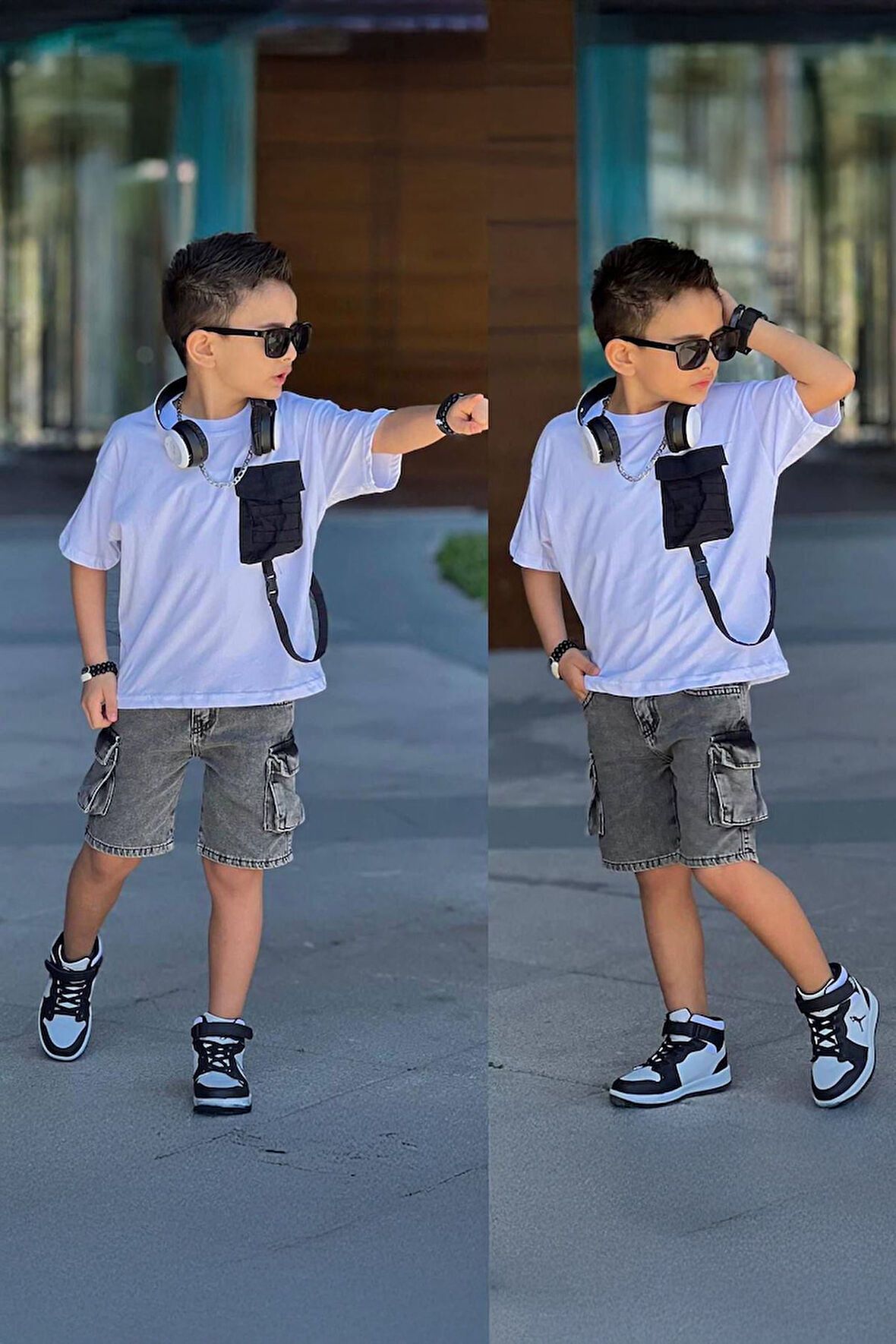 Miniğimin Cicileri Kargo Cepli Kot Şortlu Erkek Çocuk 2 li Takım - Gri