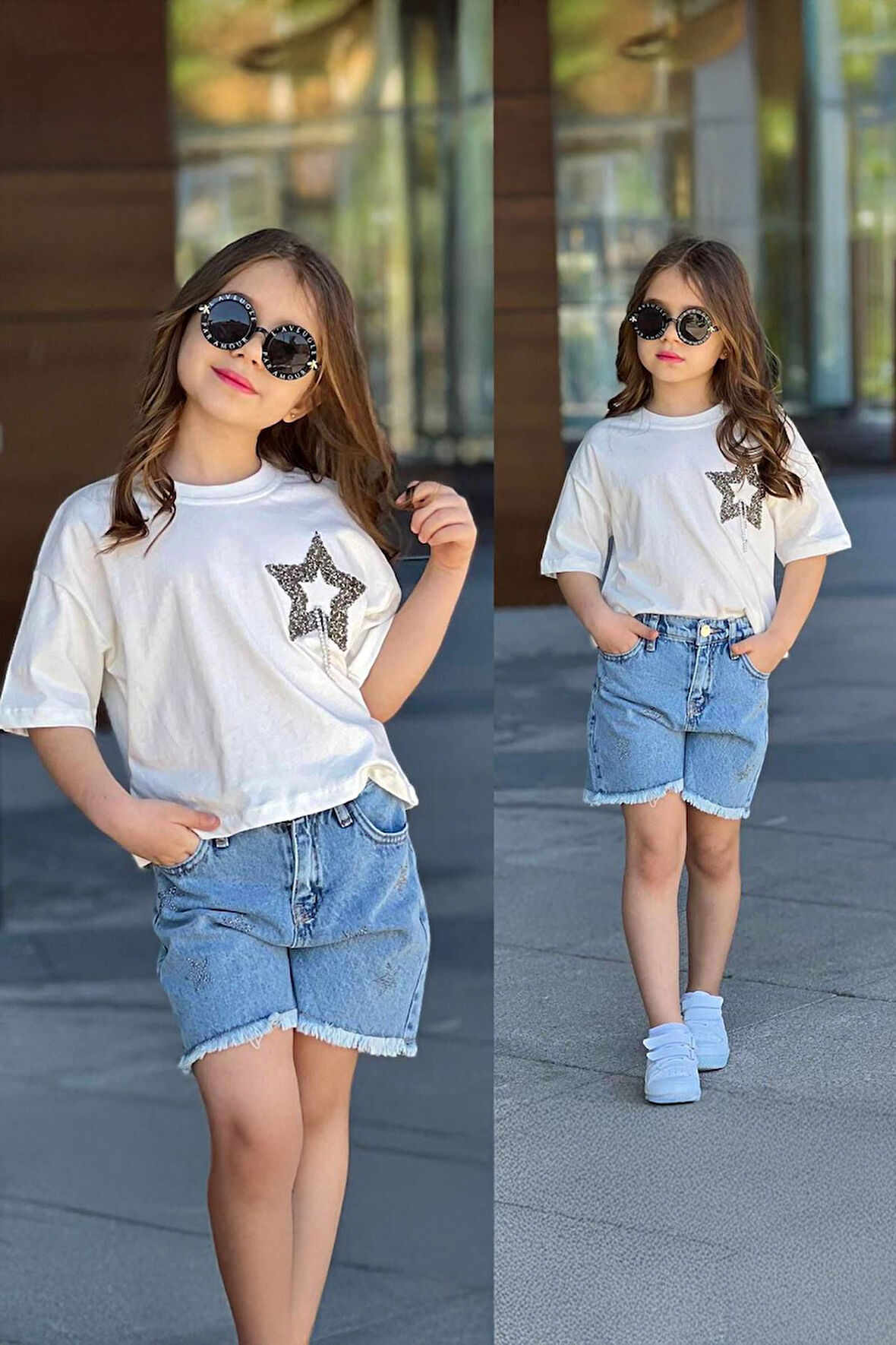 Miniğimin Cicileri Yıldız Taş Desenli Kot Şortlu Kız Çocuk Takım - Mavi