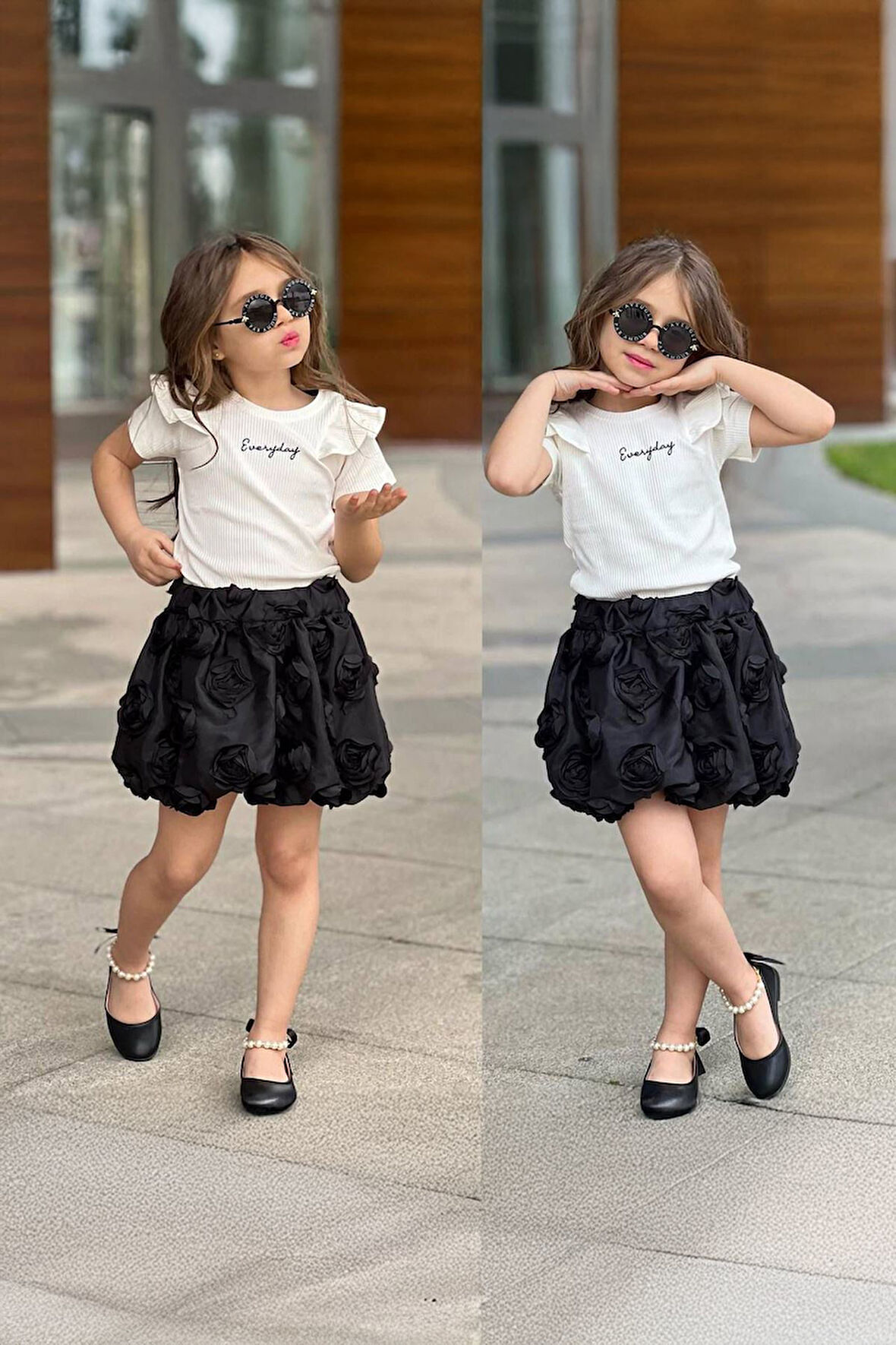 Miniğimin Cicileri 3 Boyutlu Gül Desenli Etekli Kız Çocuk Takım - Siyah